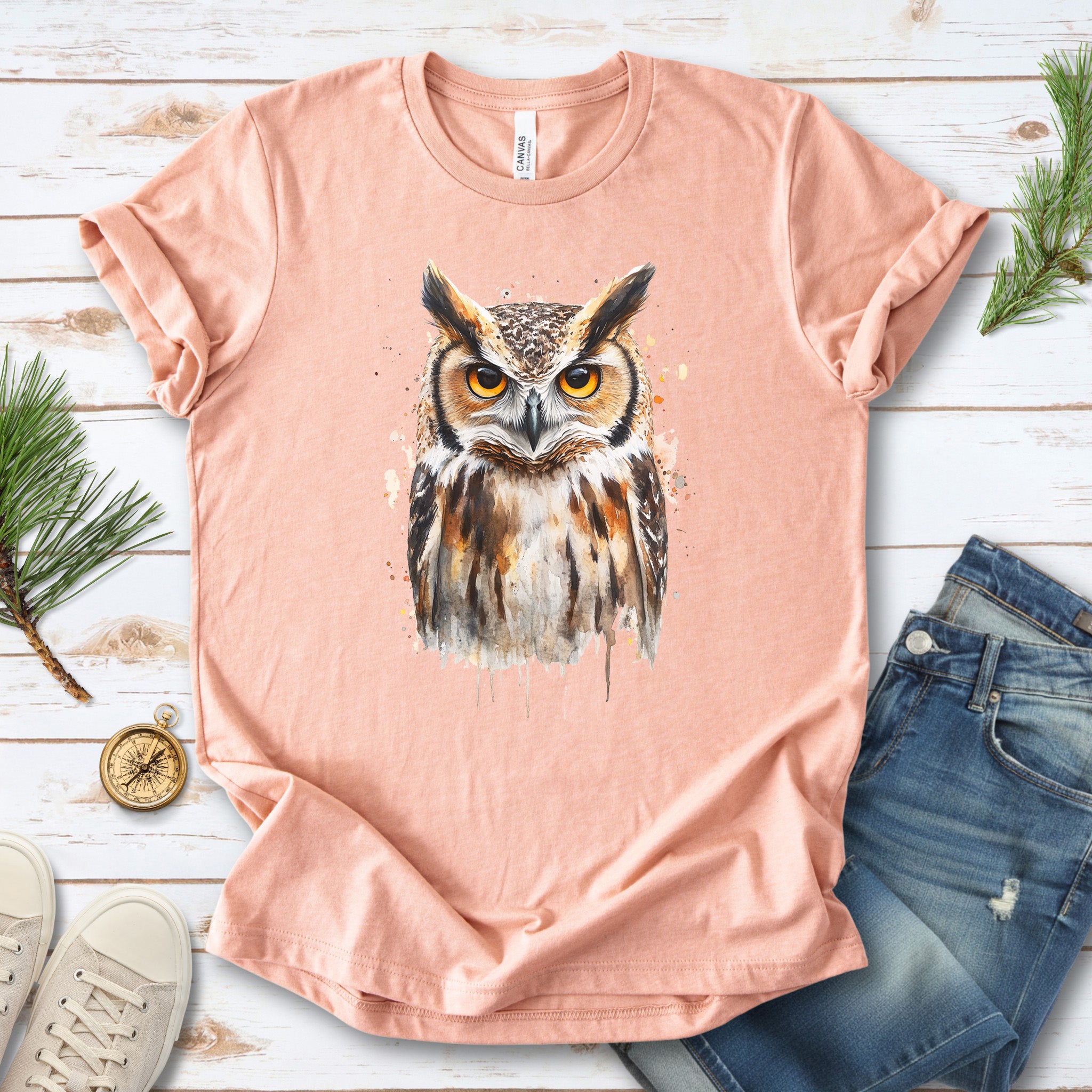 Watercolor Owl Portrait T-Shirt – Realistic Bird Art Tee for Owl Lovers