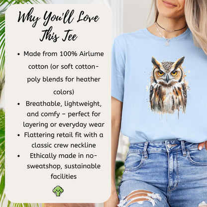 Watercolor Owl Portrait T-Shirt – Realistic Bird Art Tee for Owl Lovers