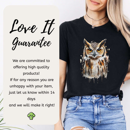Watercolor Owl Portrait T-Shirt – Realistic Bird Art Tee for Owl Lovers