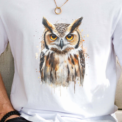 Watercolor Owl Portrait T-Shirt – Realistic Bird Art Tee for Owl Lovers