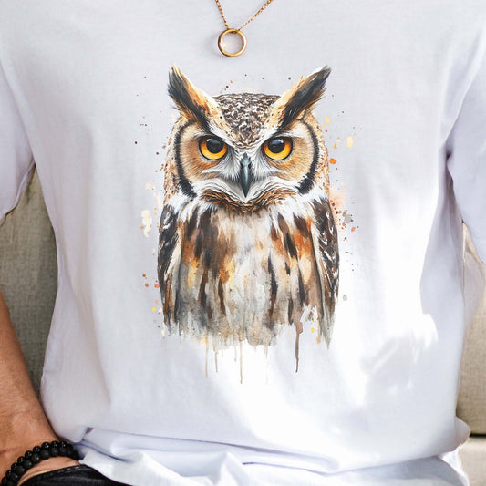 Watercolor Owl Portrait T-Shirt – Realistic Bird Art Tee for Owl Lovers