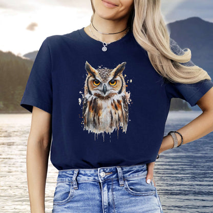 Watercolor Owl Portrait T-Shirt – Realistic Bird Art Tee for Owl Lovers