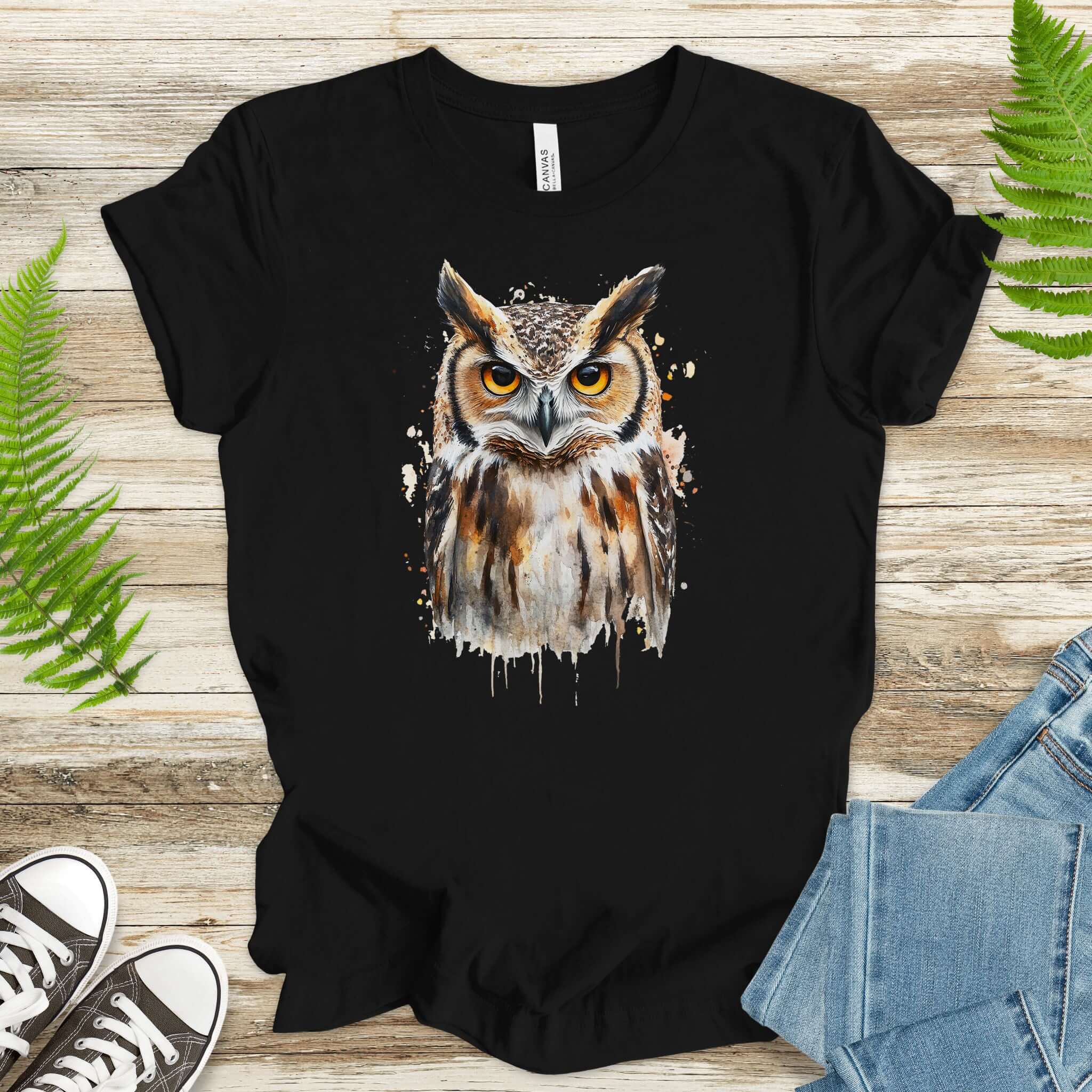 Watercolor Owl Portrait T-Shirt – Realistic Bird Art Tee for Owl Lovers