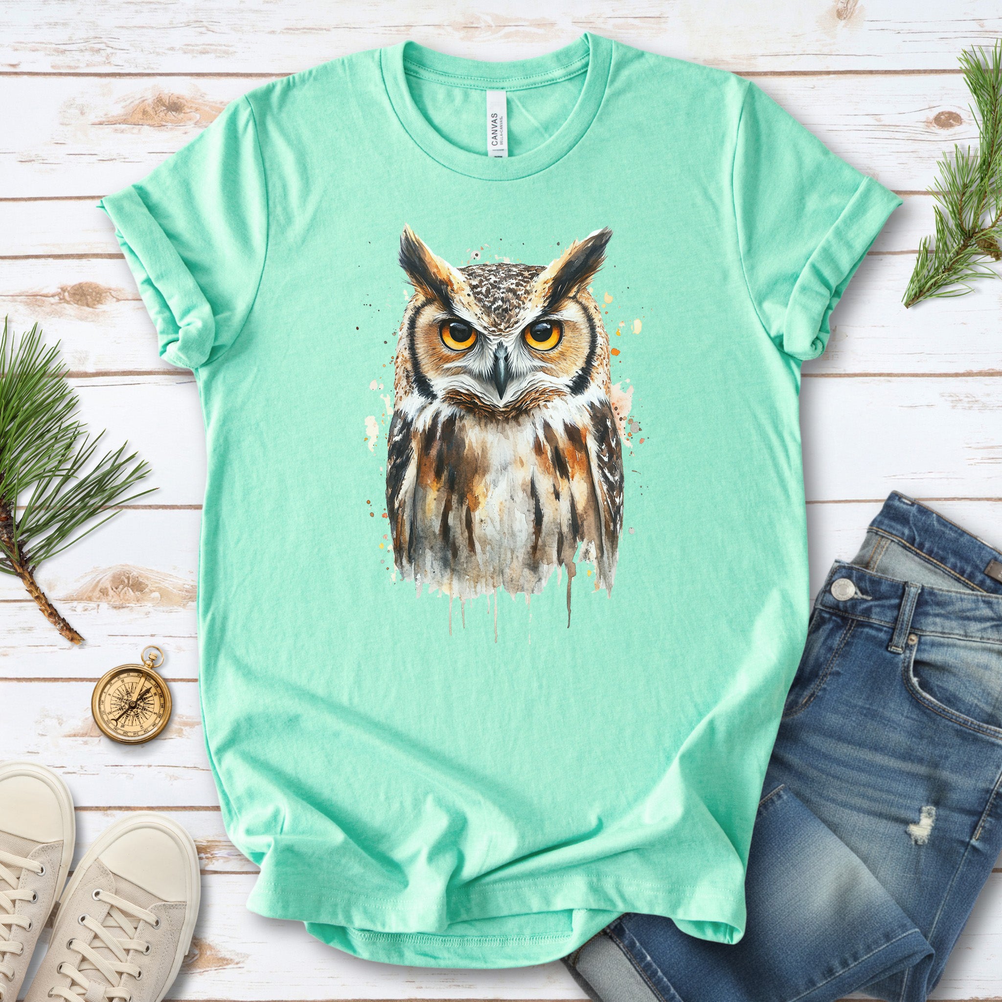Watercolor Owl Portrait T-Shirt – Realistic Bird Art Tee for Owl Lovers