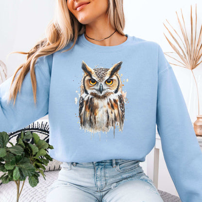 Watercolor Owl Portrait Sweatshirt – Realistic Bird Art for Owl Lovers