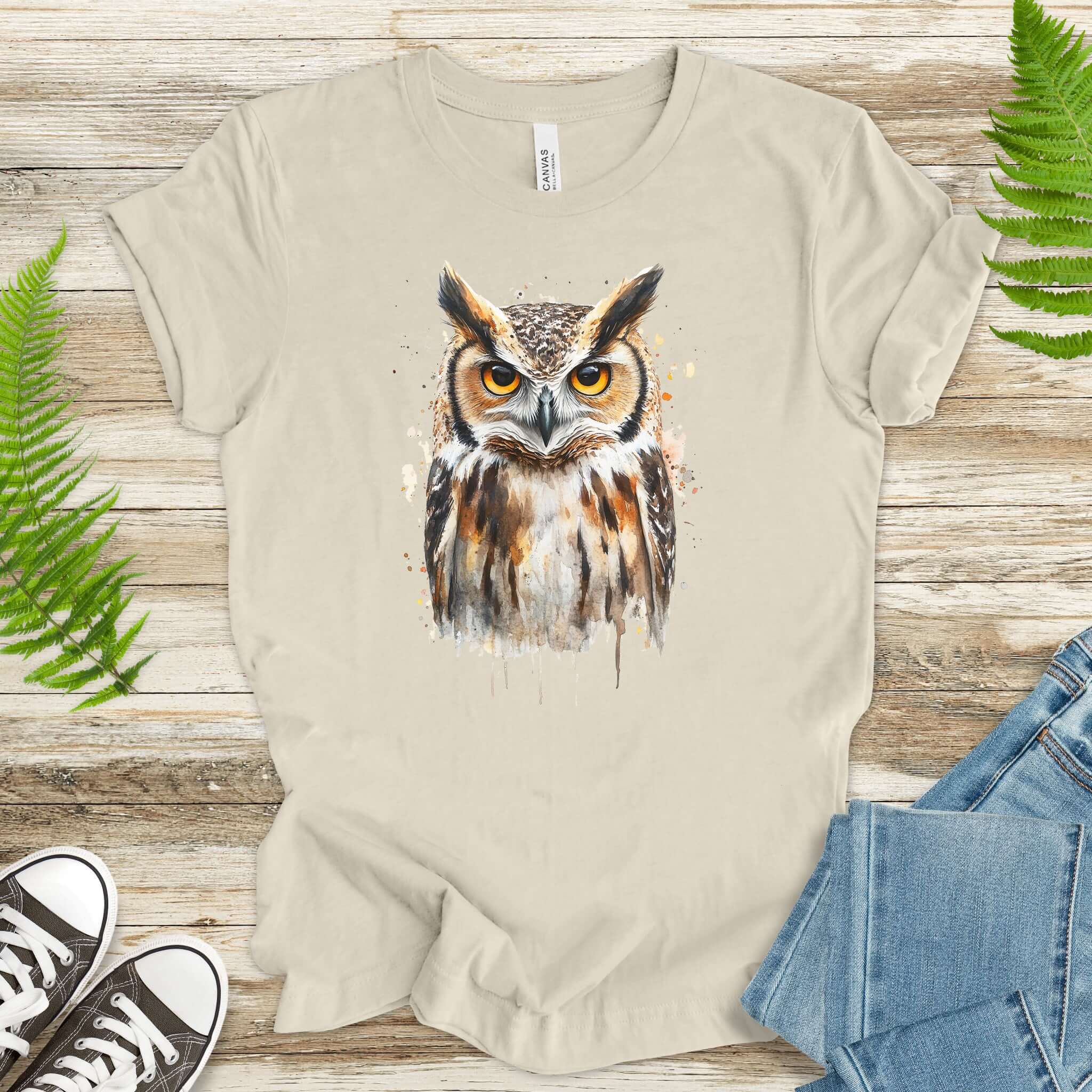 Watercolor Owl Portrait T-Shirt – Realistic Bird Art Tee for Owl Lovers