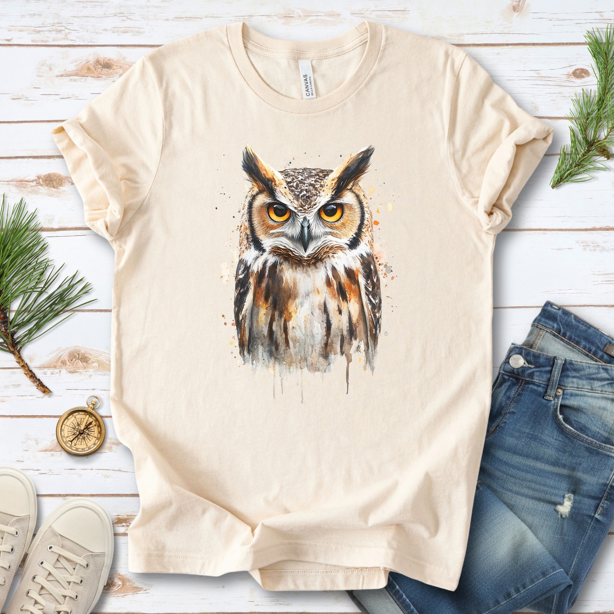 Watercolor Owl Portrait T-Shirt – Realistic Bird Art Tee for Owl Lovers