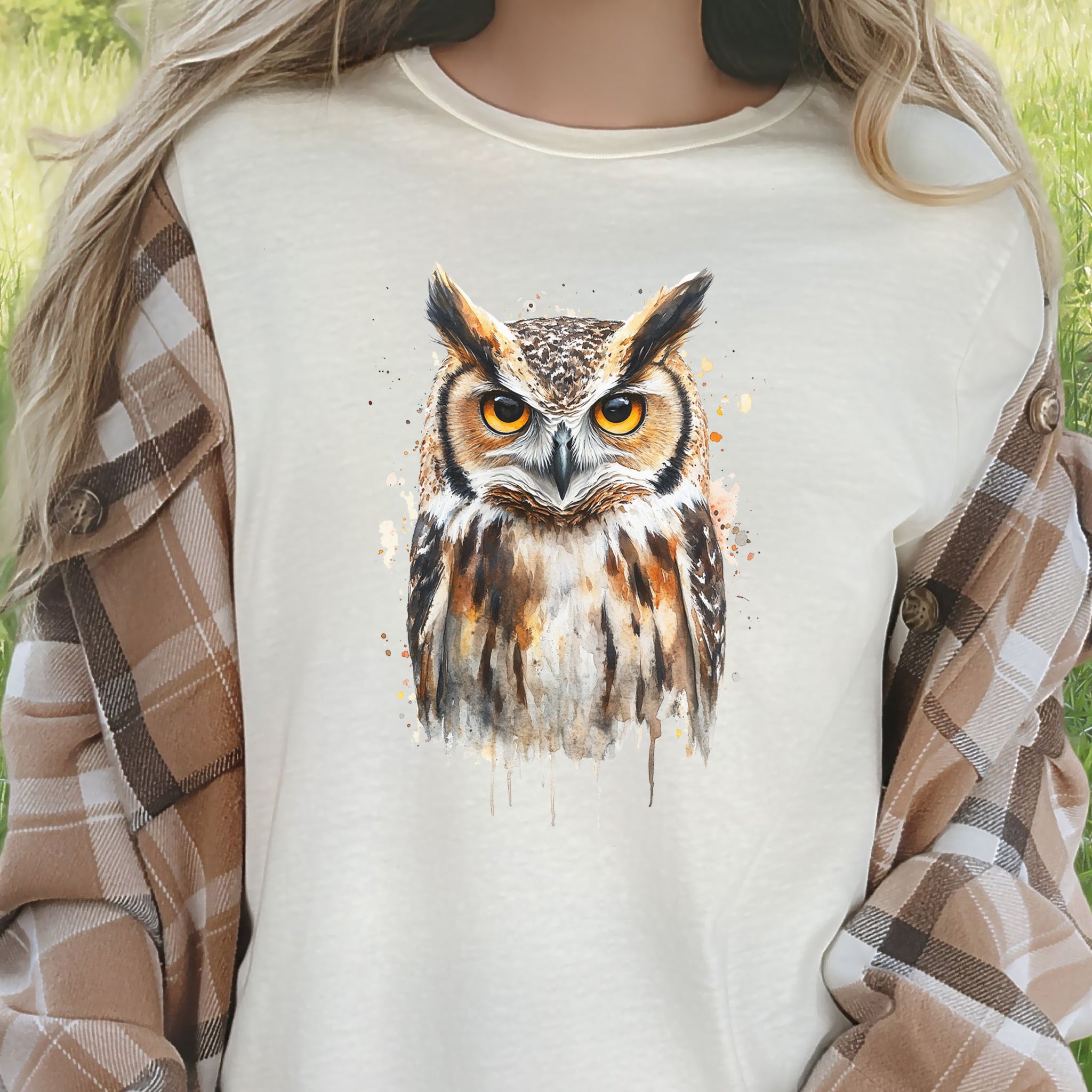 Watercolor Owl Portrait T-Shirt – Realistic Bird Art Tee for Owl Lovers