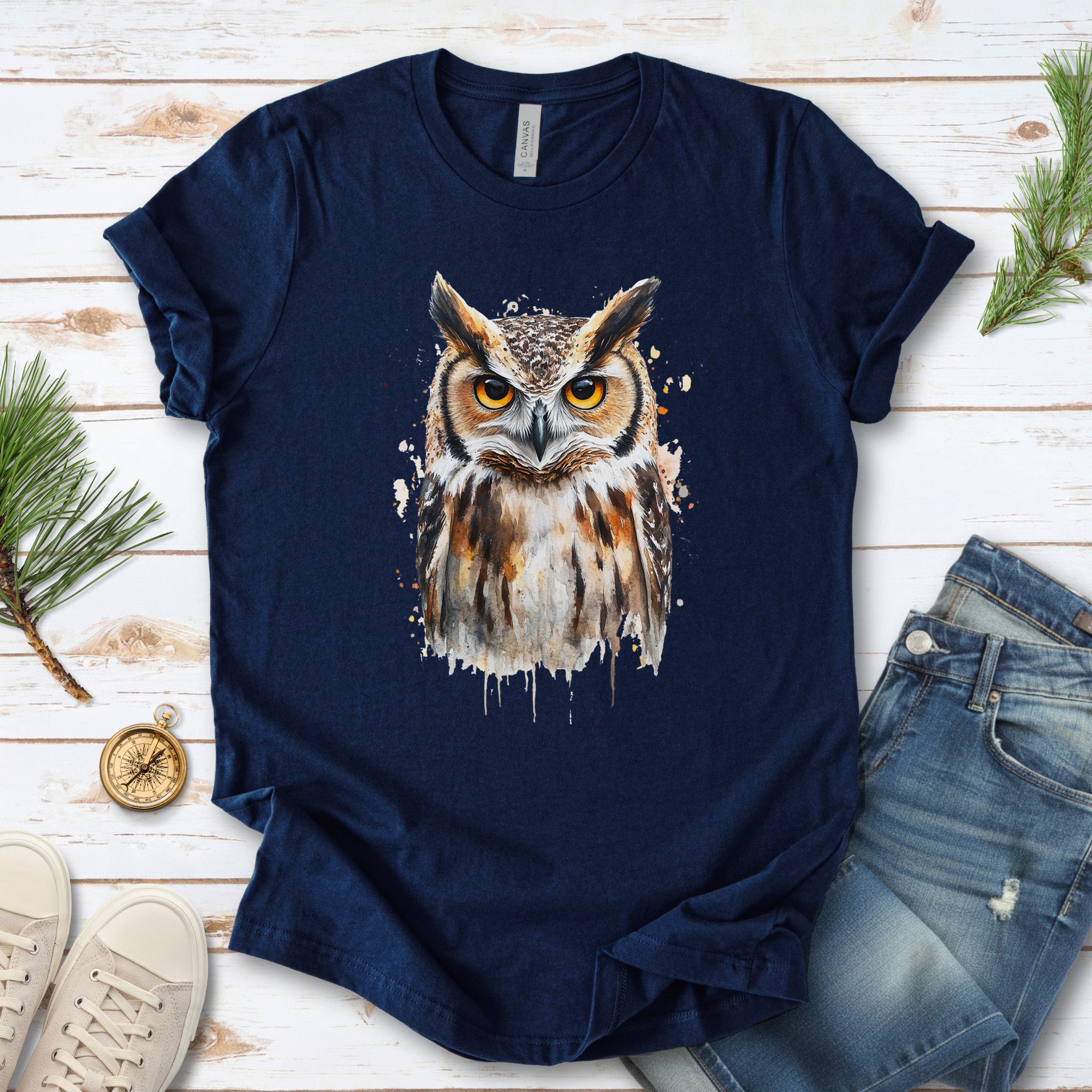 Watercolor Owl Portrait T-Shirt – Realistic Bird Art Tee for Owl Lovers