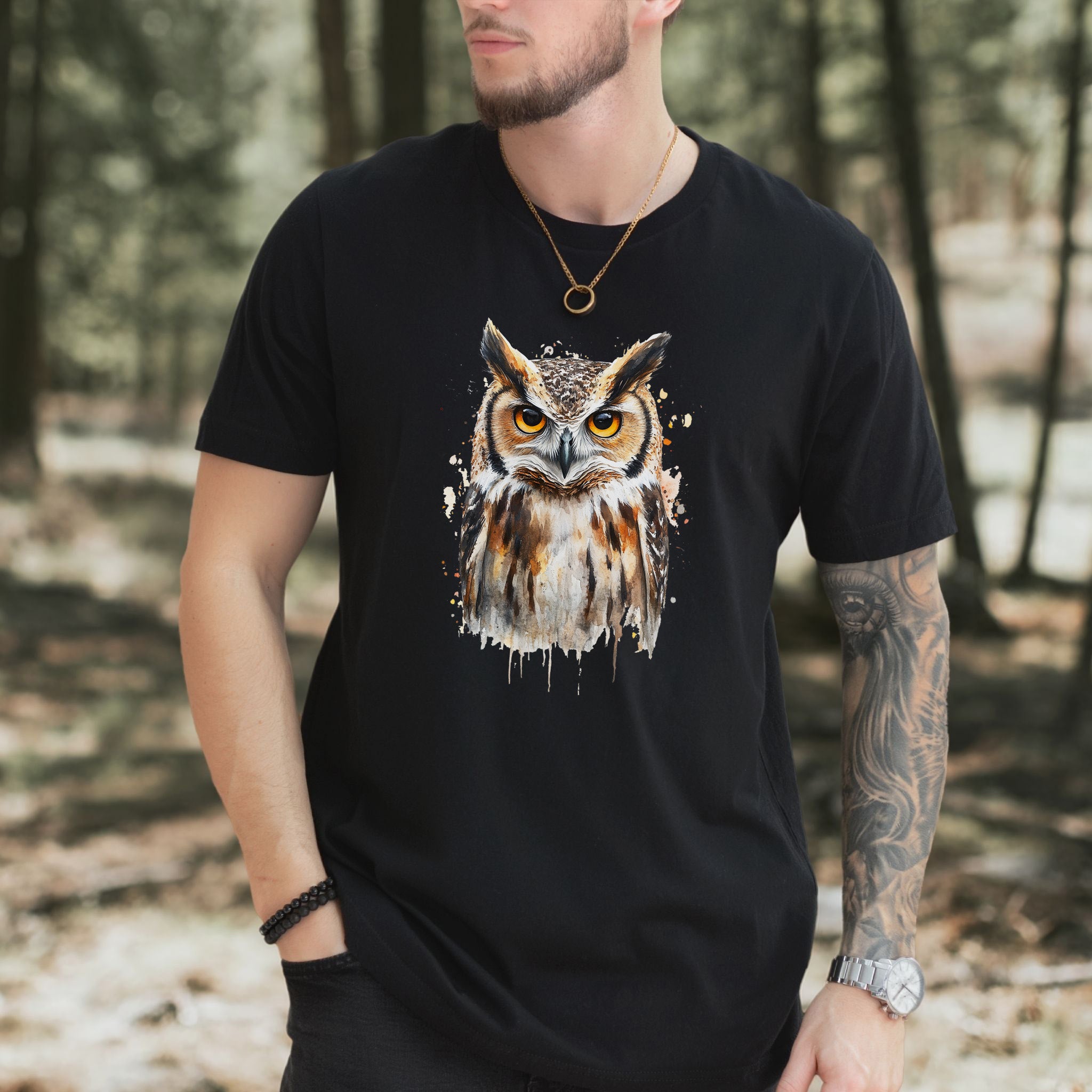 Watercolor Owl Portrait T-Shirt – Realistic Bird Art Tee for Owl Lovers
