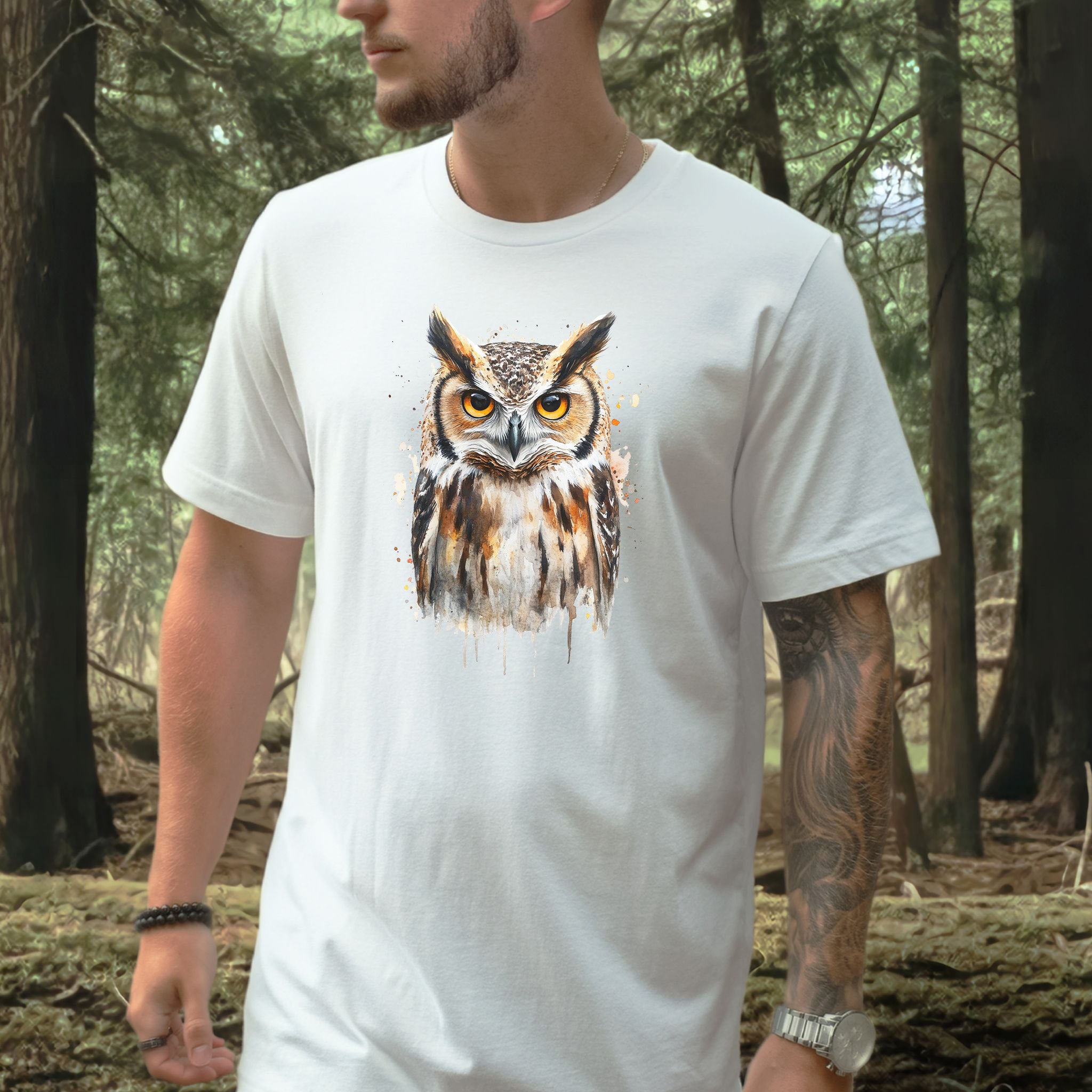 Watercolor Owl Portrait T-Shirt – Realistic Bird Art Tee for Owl Lovers