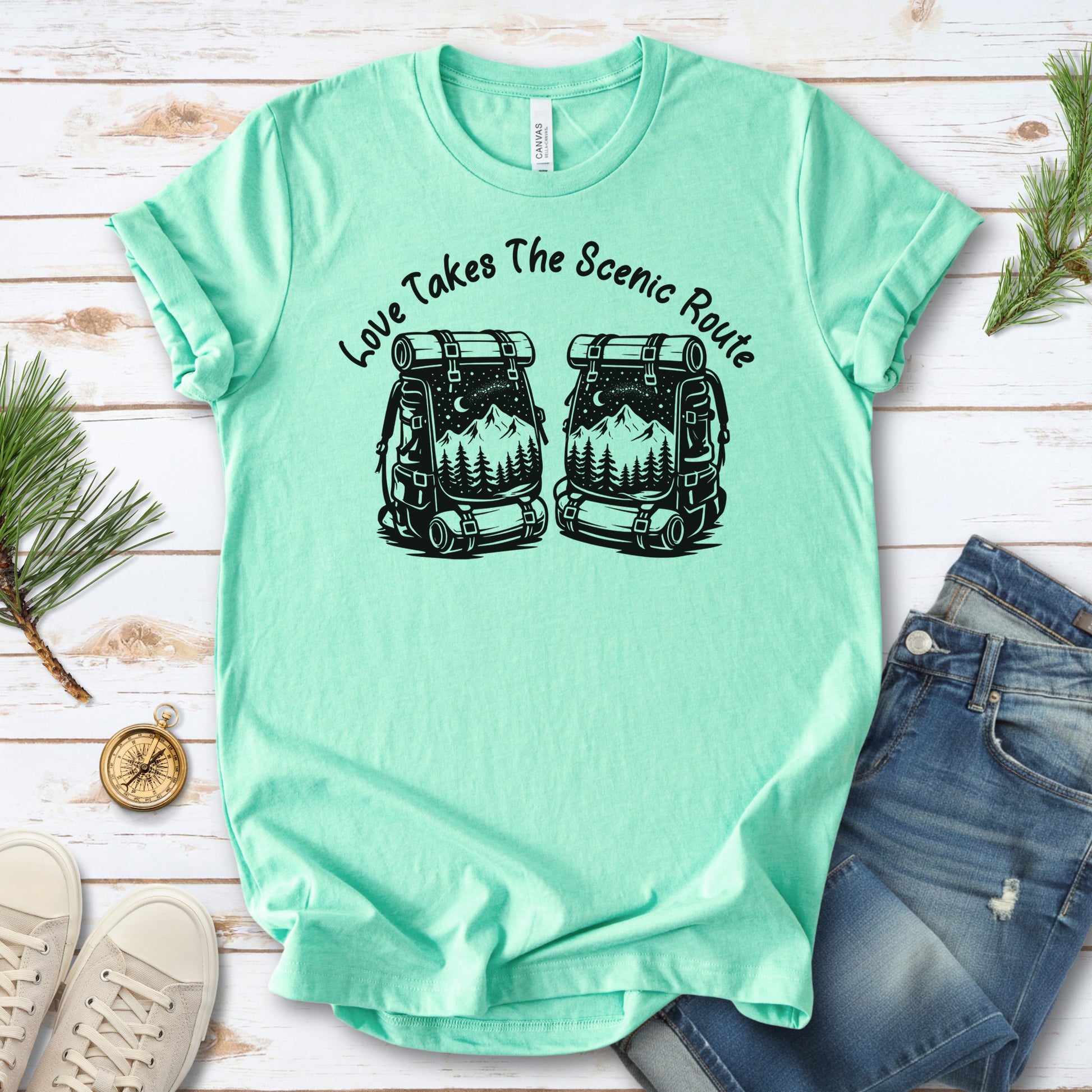 Love Takes The Scenic Route – Backpacker Couple Hiking Shirt