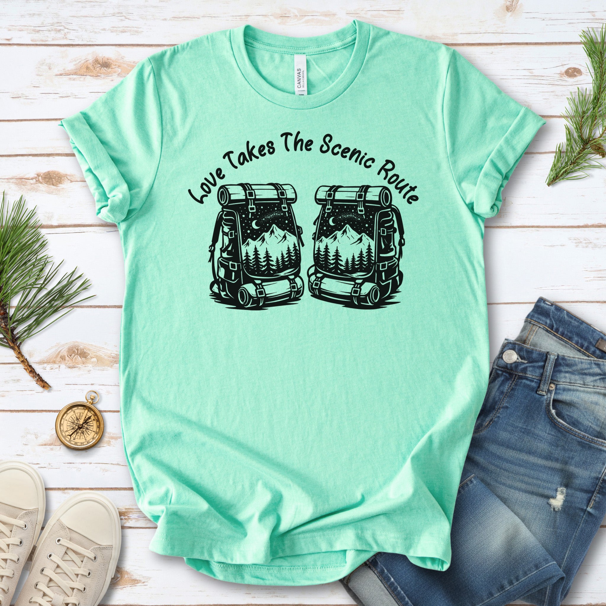Love Takes The Scenic Route – Backpacker Couple Hiking Shirt
