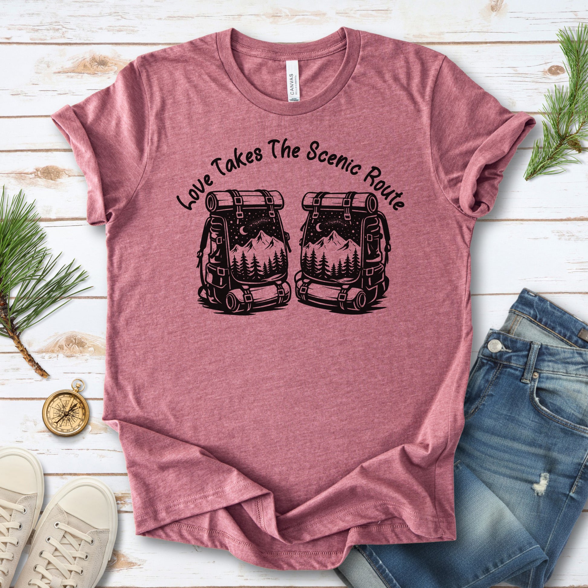 Love Takes The Scenic Route – Backpacker Couple Hiking Shirt