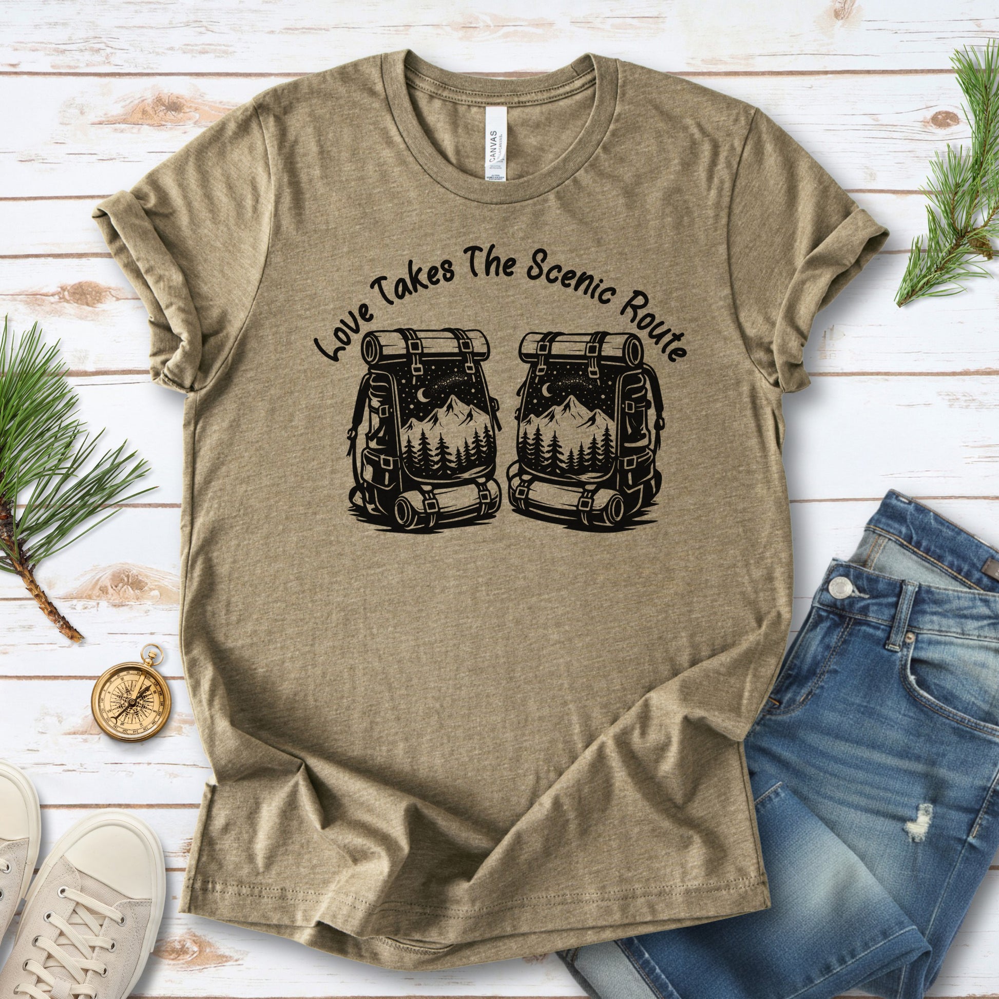 Love Takes The Scenic Route – Backpacker Couple Hiking Shirt