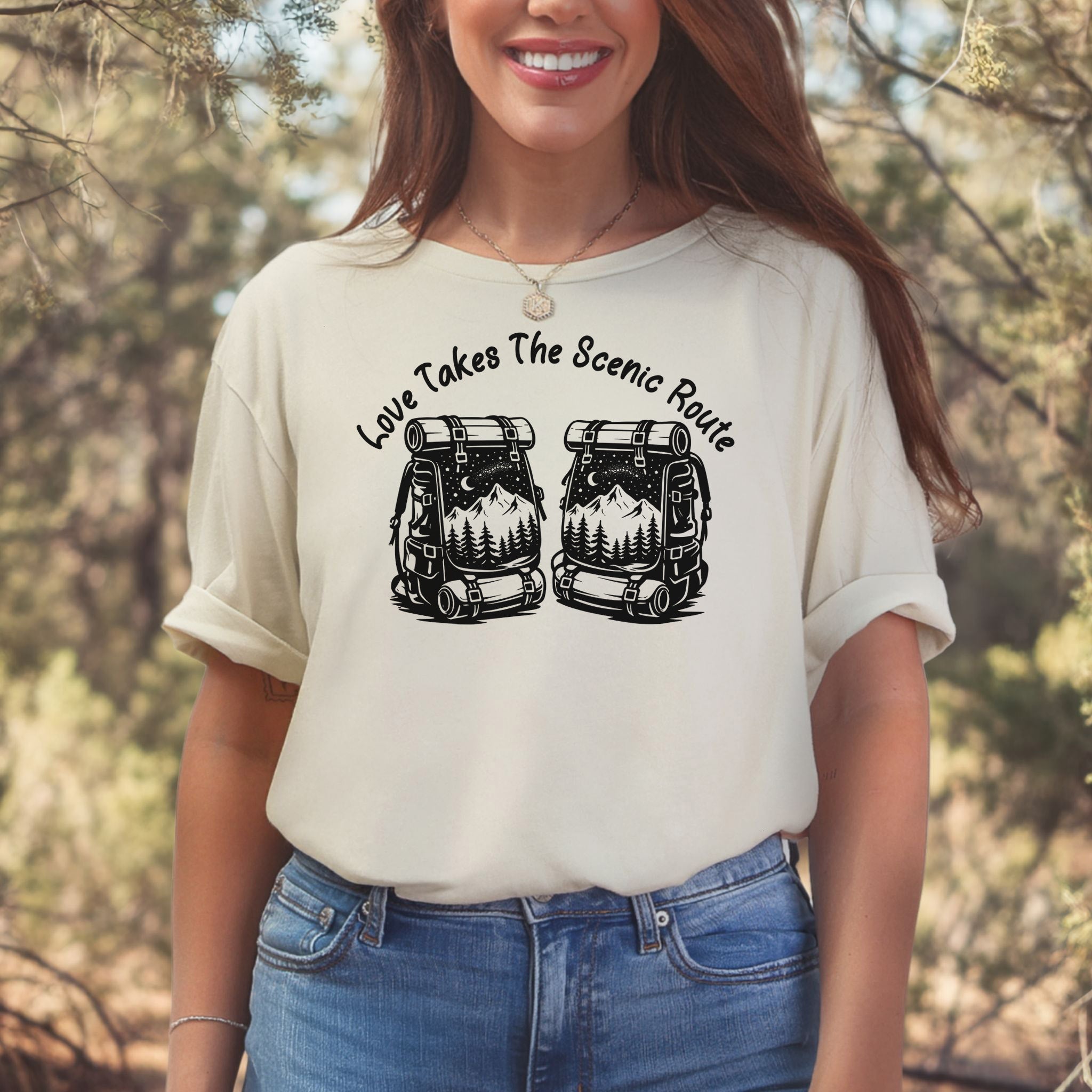 Love Takes The Scenic Route – Backpacker Couple Hiking Shirt