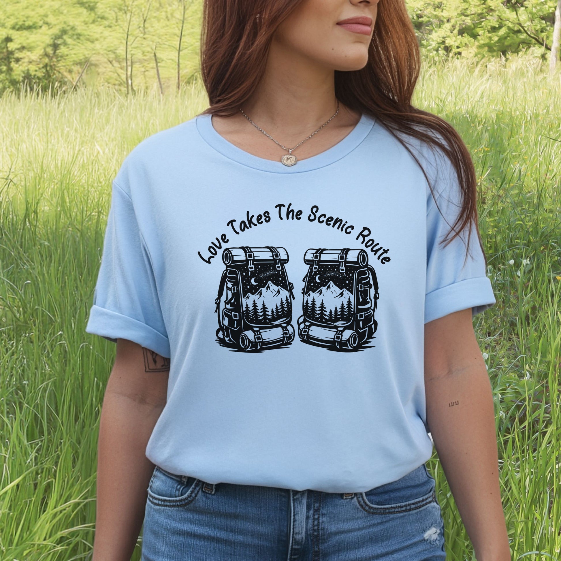 Love Takes The Scenic Route – Backpacker Couple Hiking Shirt