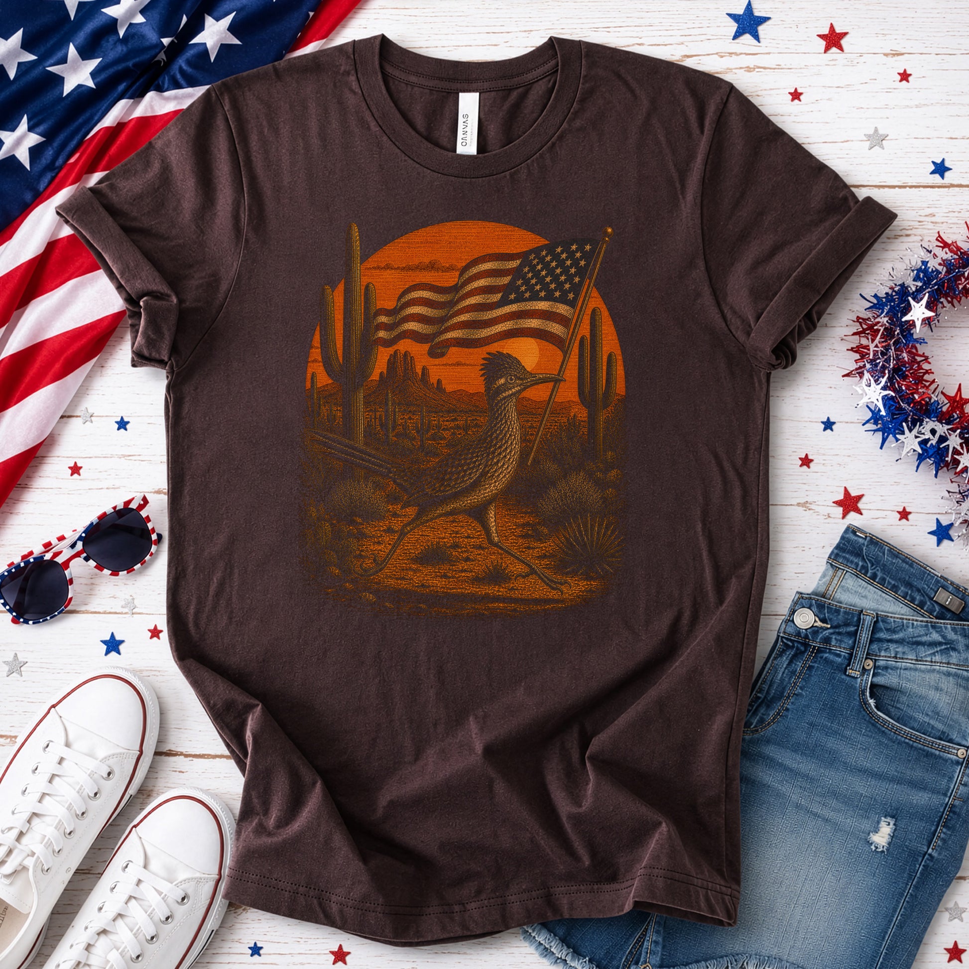Patriot Roadrunner 4th of July Desert Americana Bird Lover Retro T-Shirt