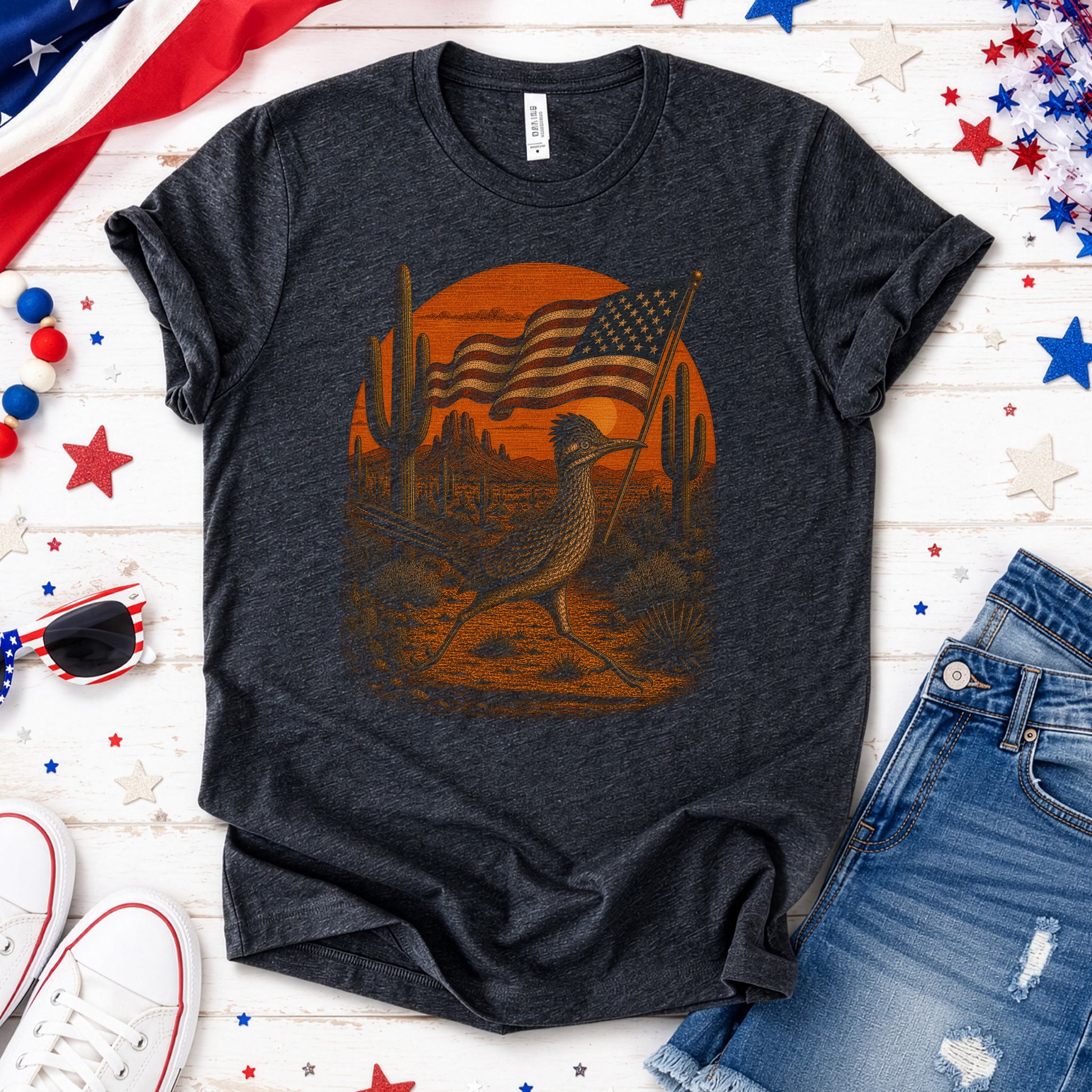 Patriot Roadrunner 4th of July Desert Americana Bird Lover Retro T-Shirt