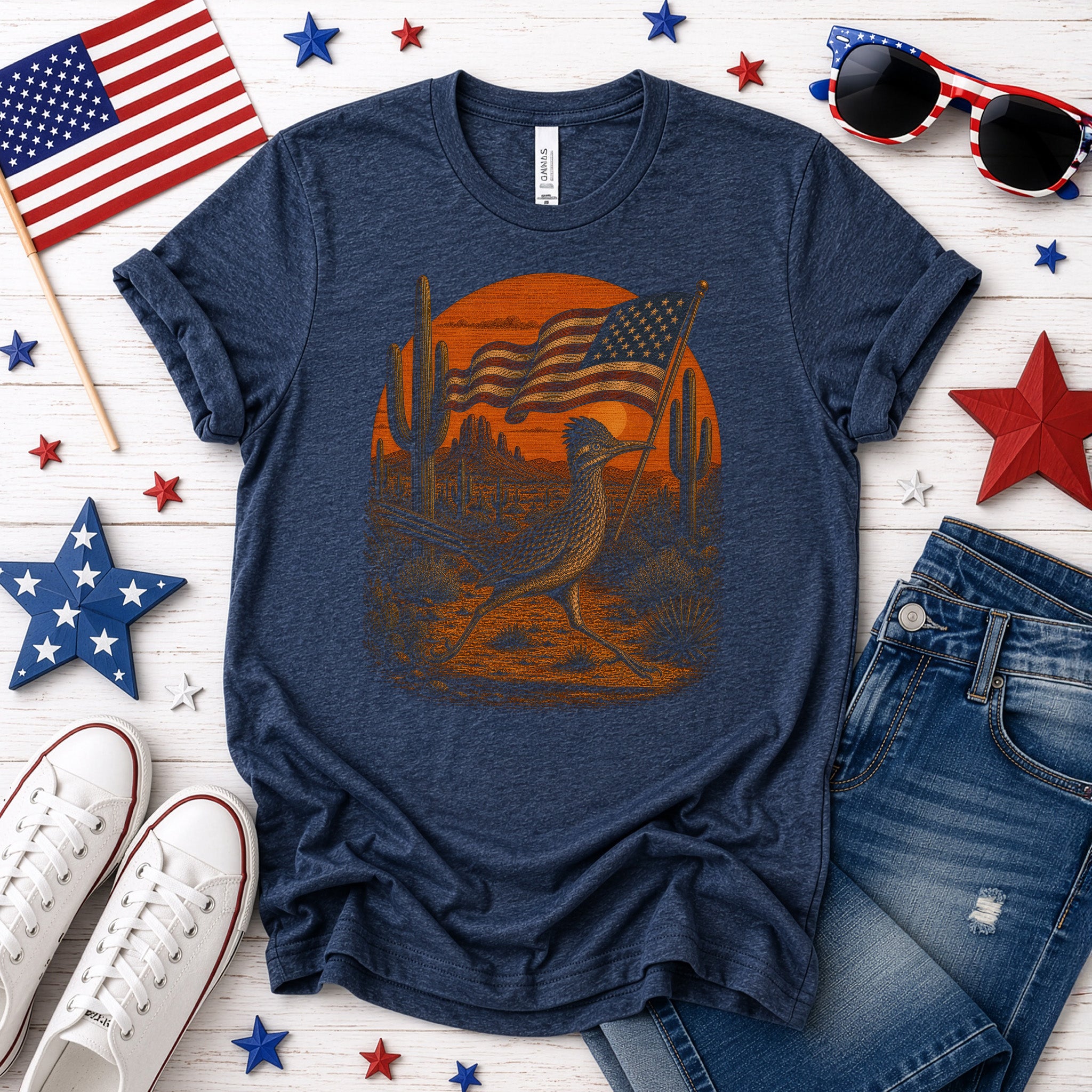 Patriot Roadrunner 4th of July Desert Americana Bird Lover Retro T-Shirt