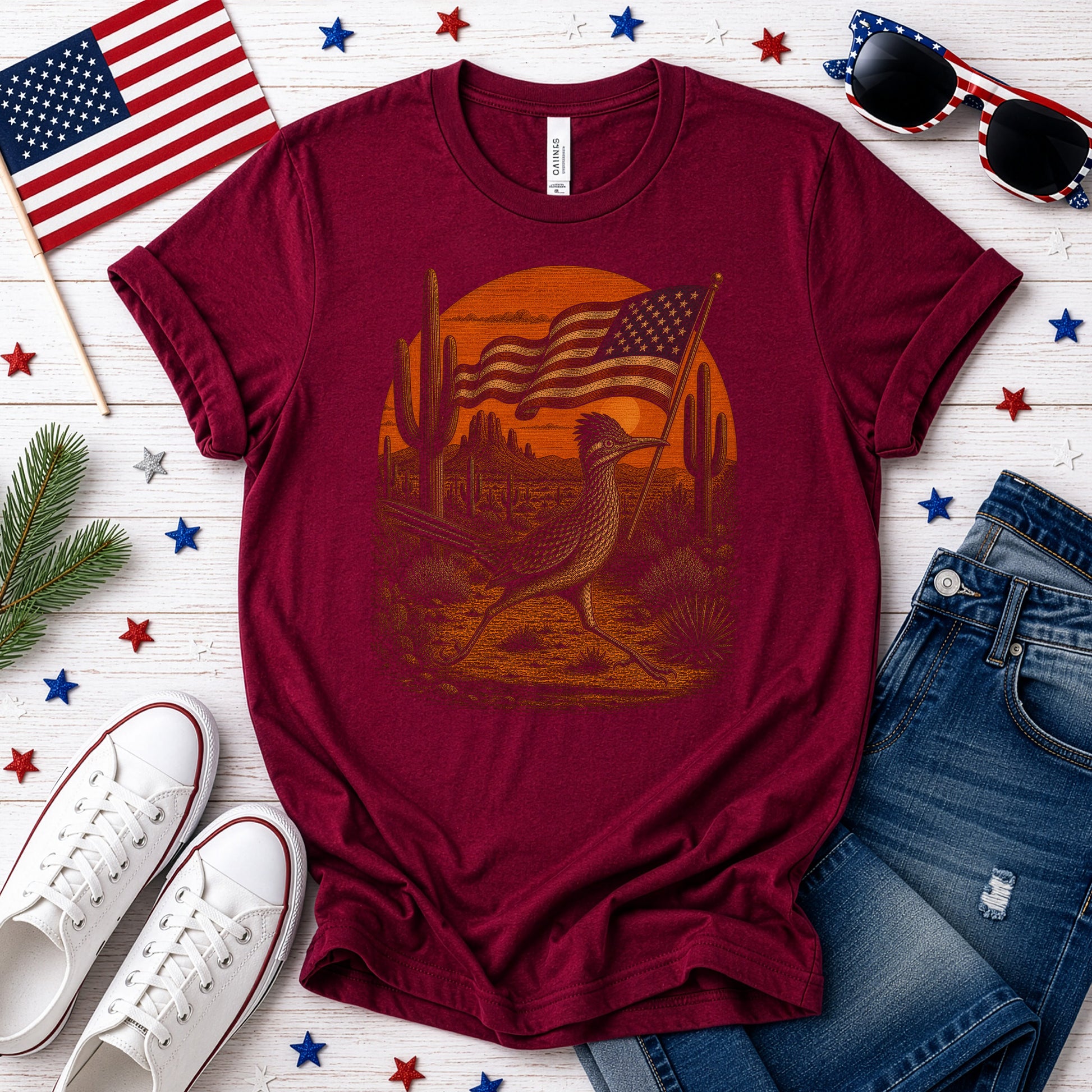 Patriot Roadrunner 4th of July Desert Americana Bird Lover Retro T-Shirt