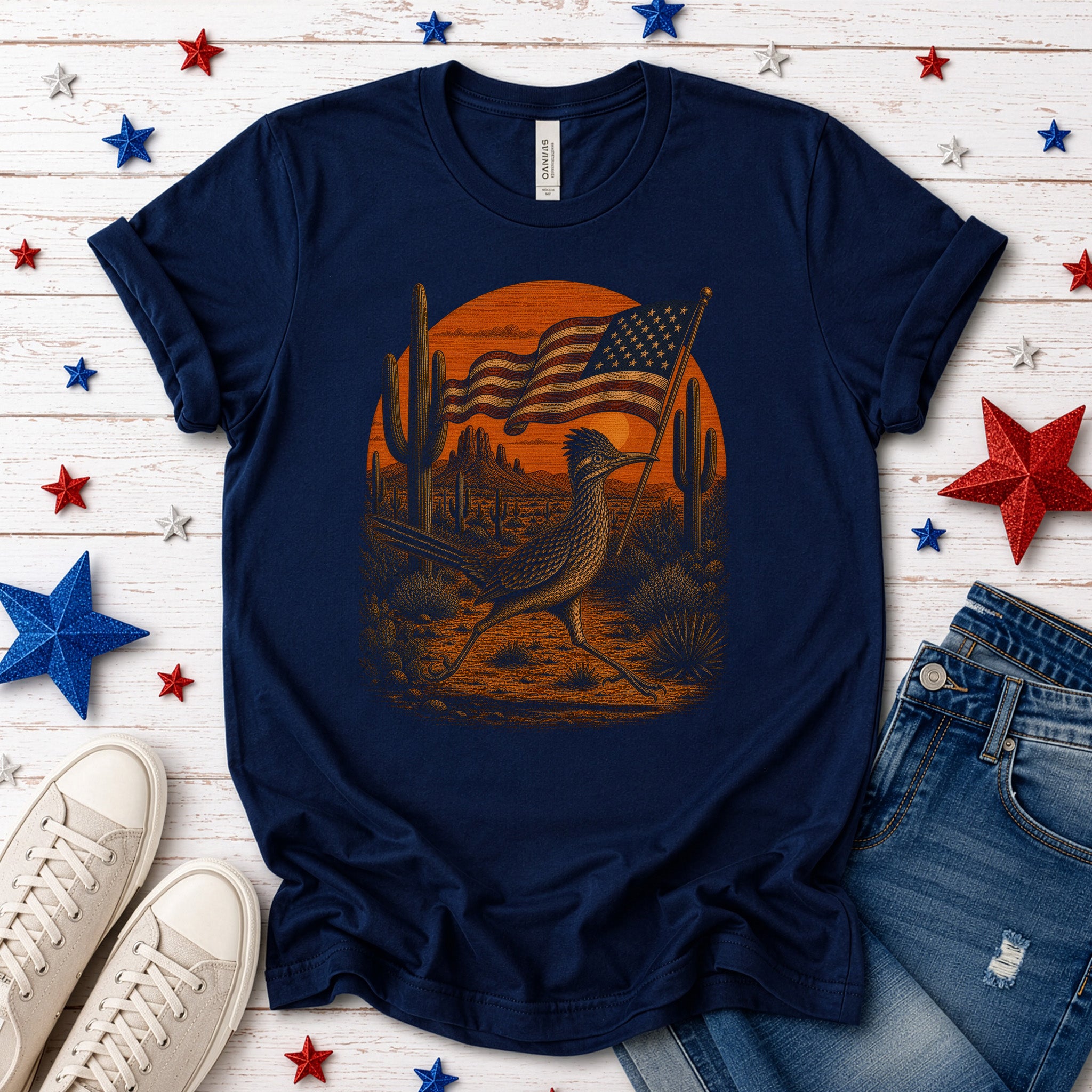 Patriot Roadrunner 4th of July Desert Americana Bird Lover Retro T-Shirt