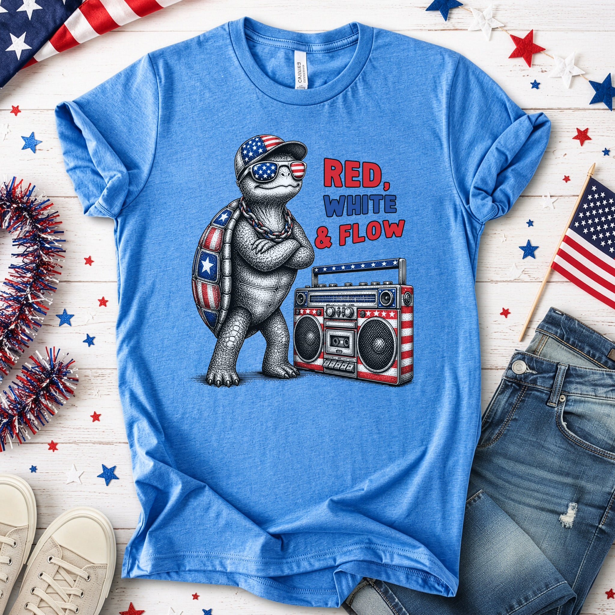Patriot Turtle Red White & Flow Retro Hip Hop 4th of July T-Shirt