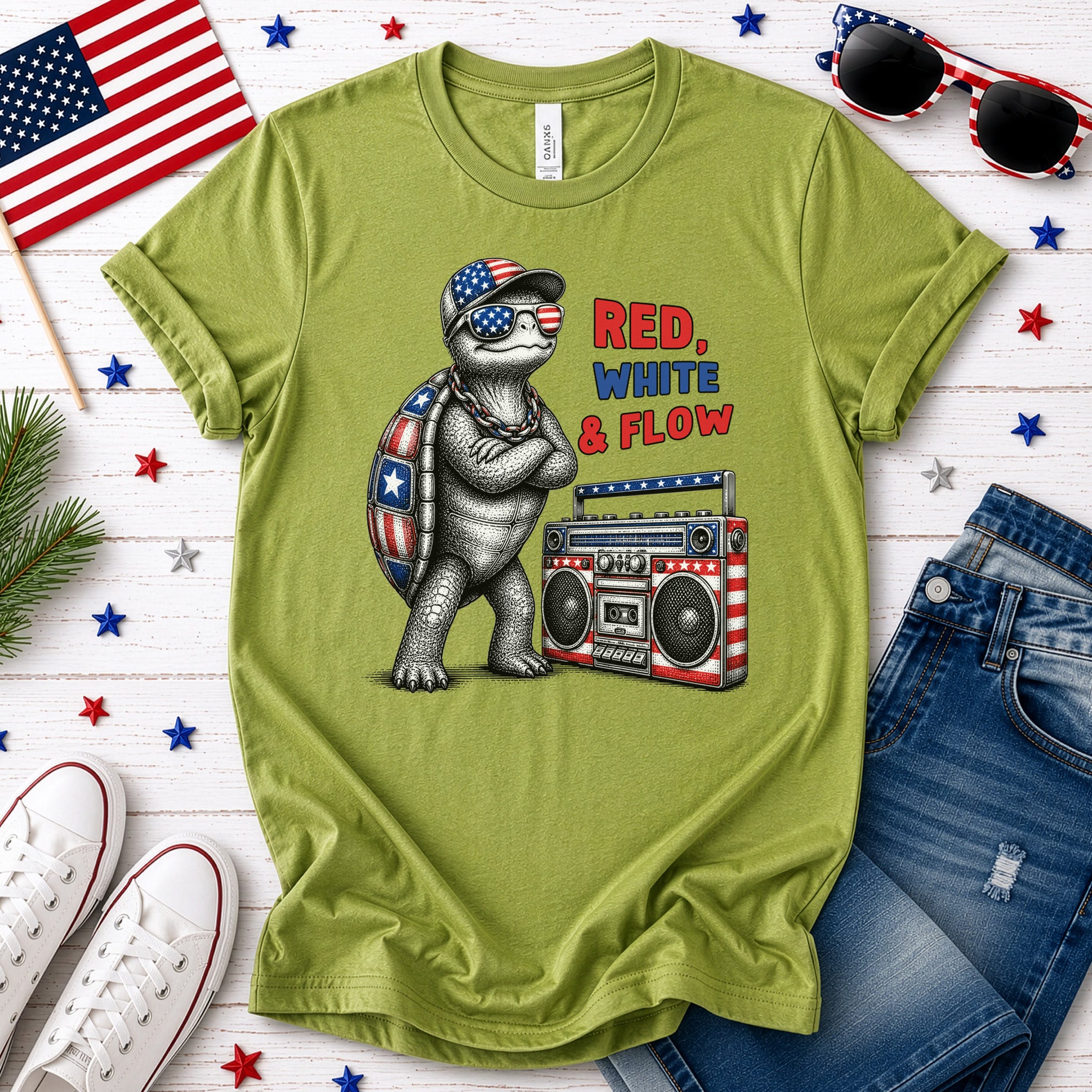 Patriot Turtle Red White & Flow Retro Hip Hop 4th of July T-Shirt
