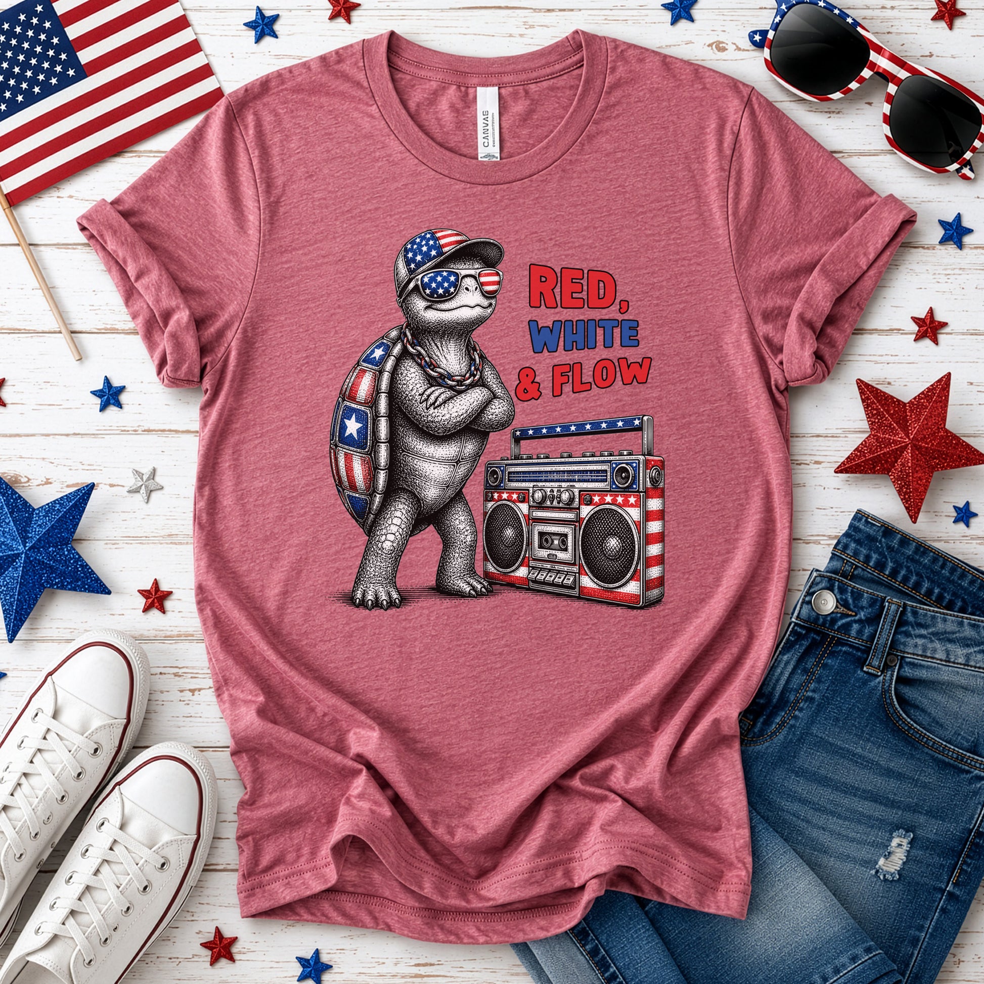 Patriot Turtle Red White & Flow Retro Hip Hop 4th of July T-Shirt