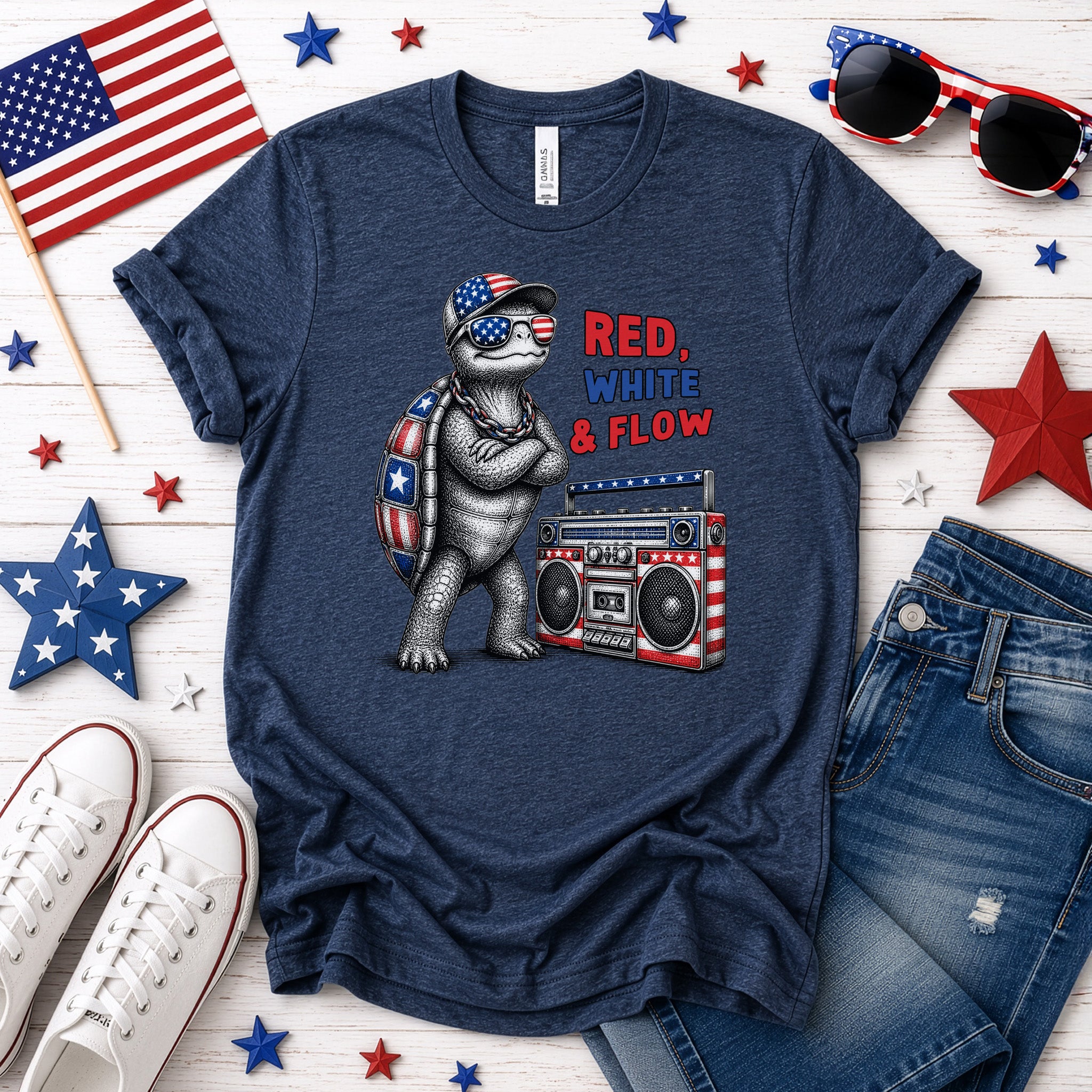 Patriot Turtle Red White & Flow Retro Hip Hop 4th of July T-Shirt