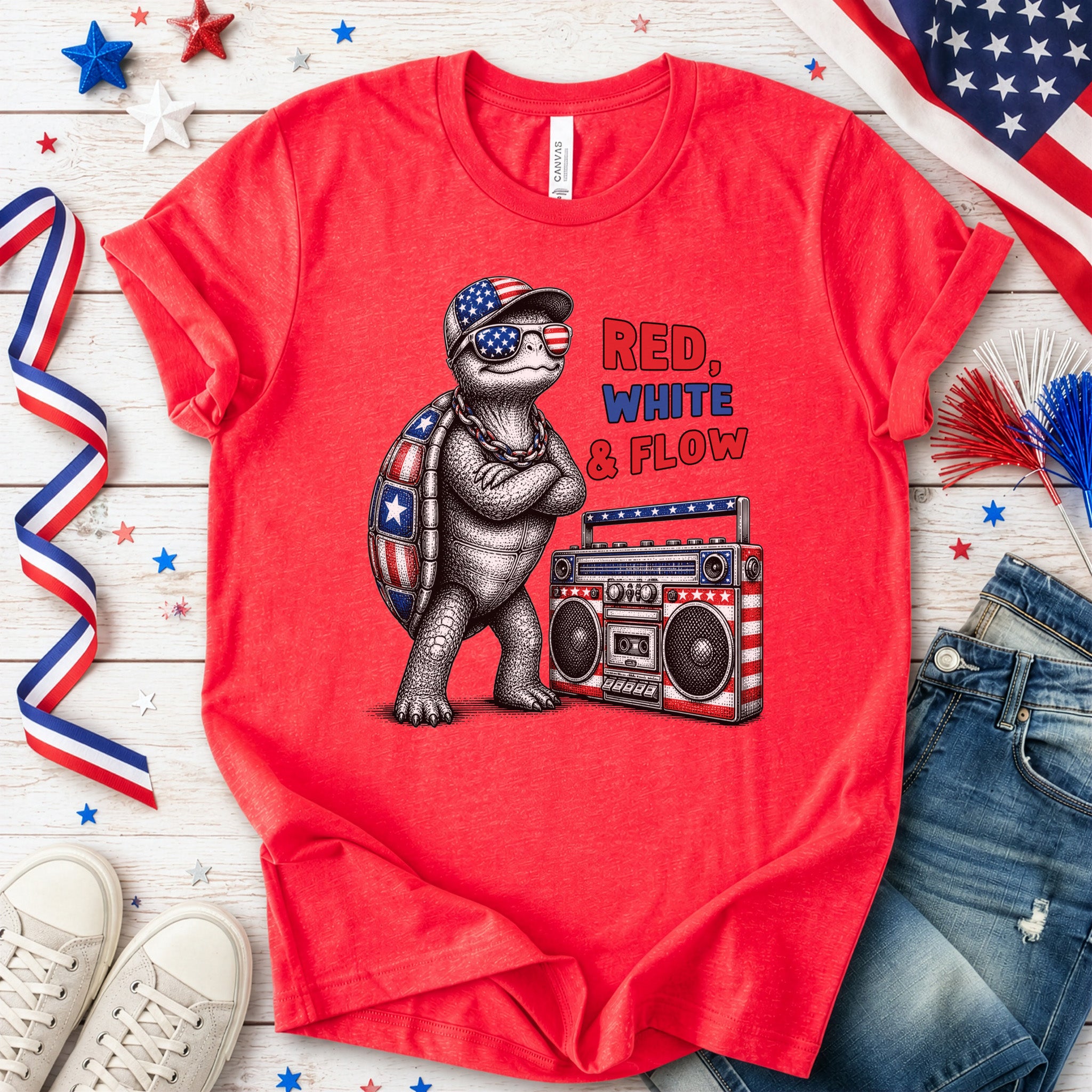 Patriot Turtle Red White & Flow Retro Hip Hop 4th of July T-Shirt