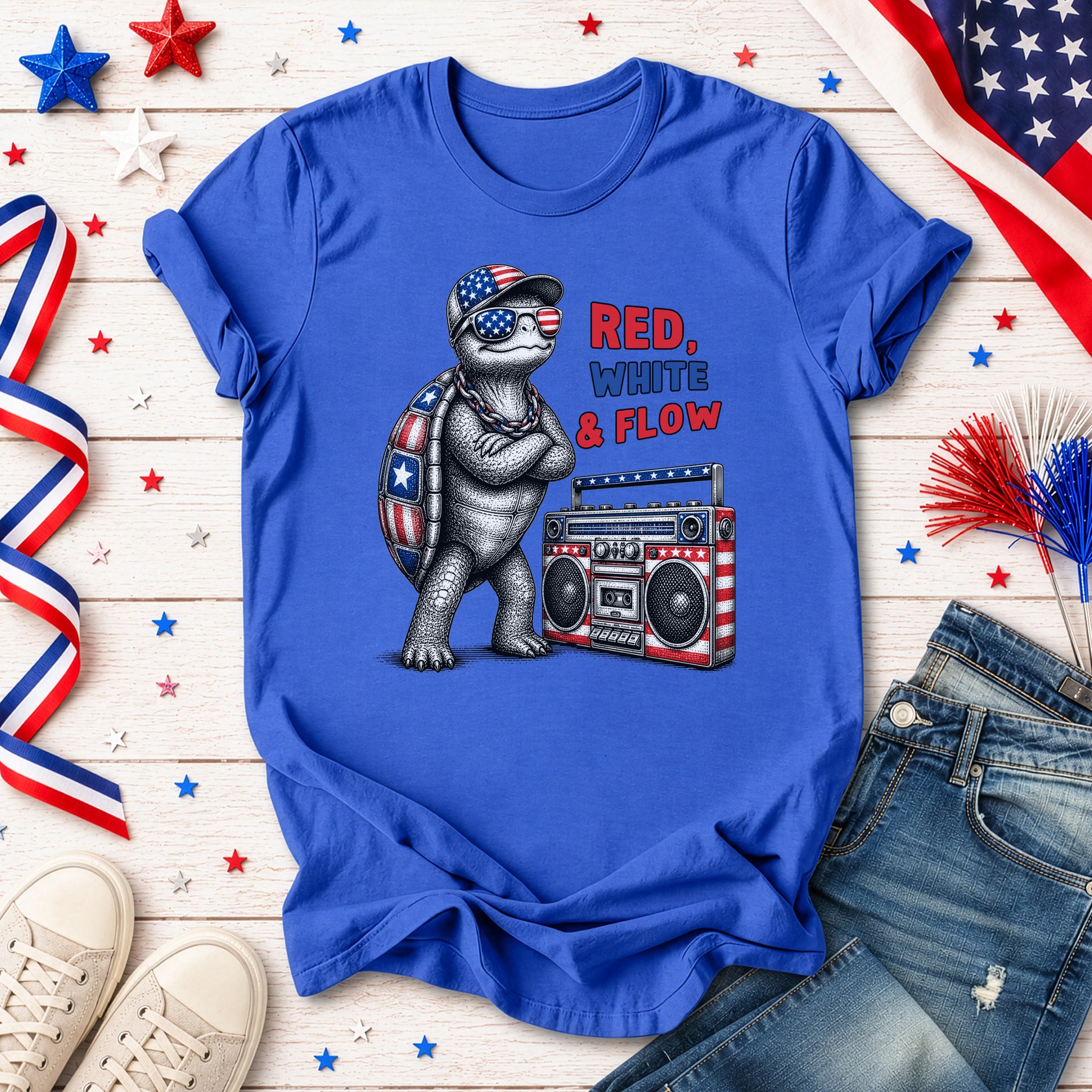 Patriot Turtle Red White & Flow Retro Hip Hop 4th of July T-Shirt