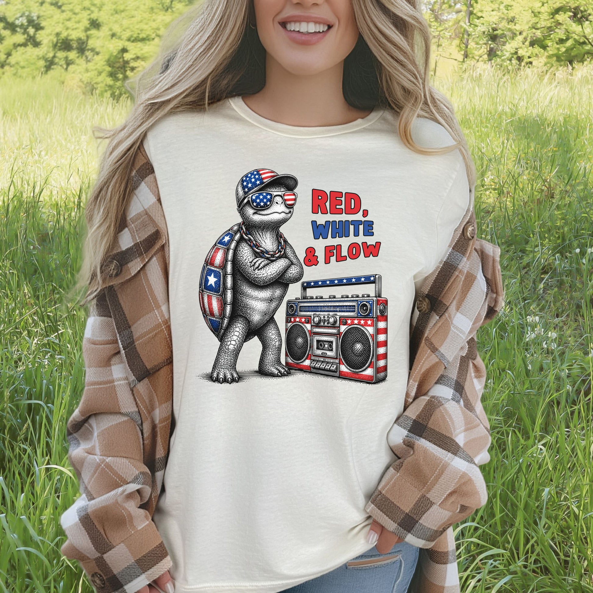 Patriot Turtle Red White & Flow Retro Hip Hop 4th of July T-Shirt