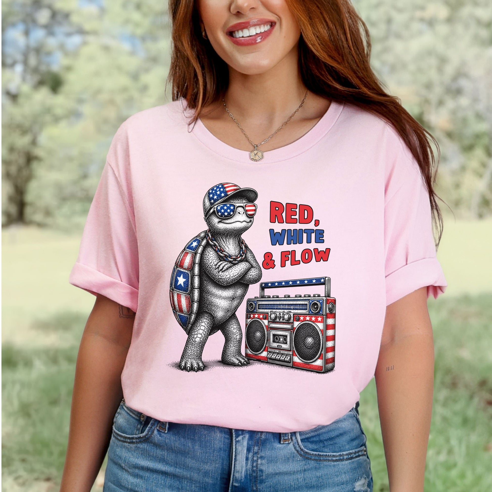 Patriot Turtle Red White & Flow Retro Hip Hop 4th of July T-Shirt