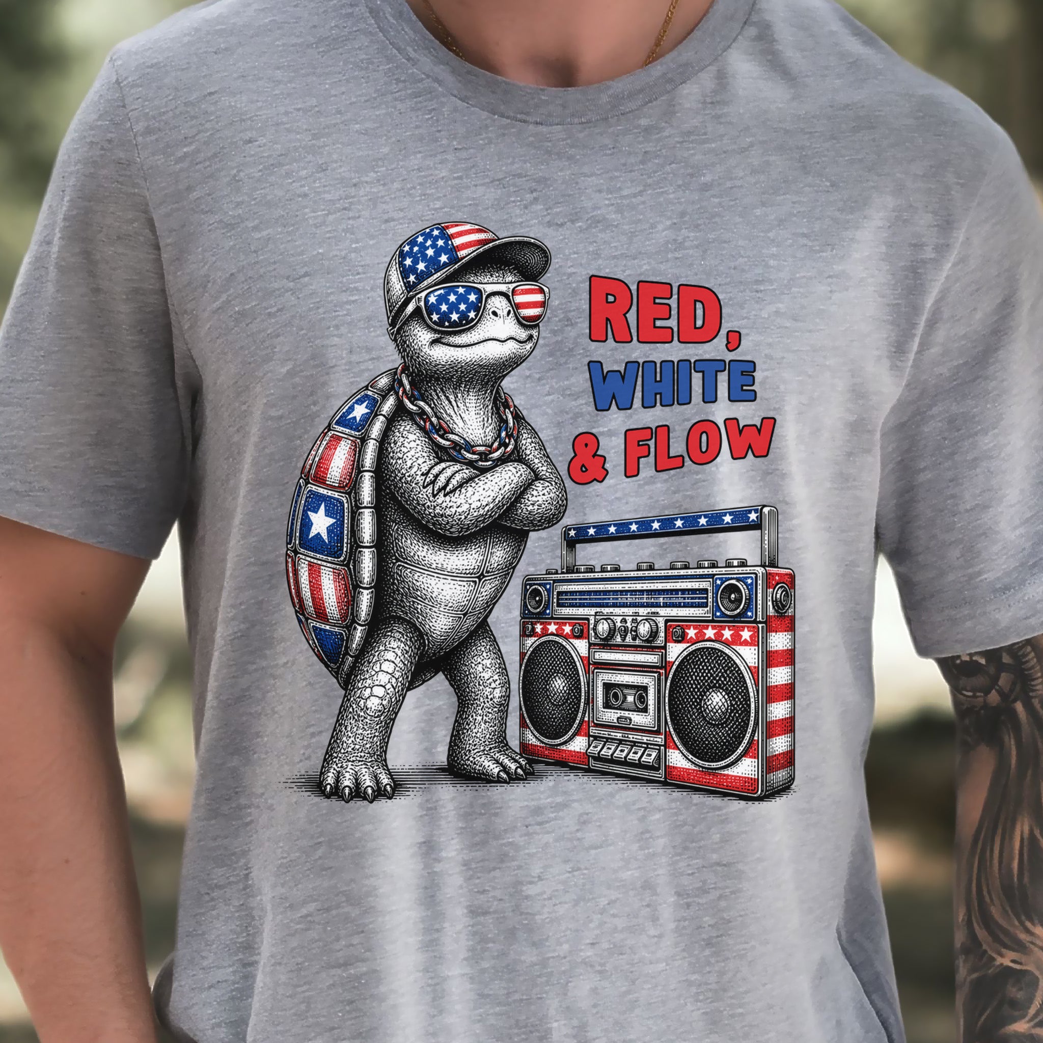 Patriot Turtle Red White & Flow Retro Hip Hop 4th of July T-Shirt