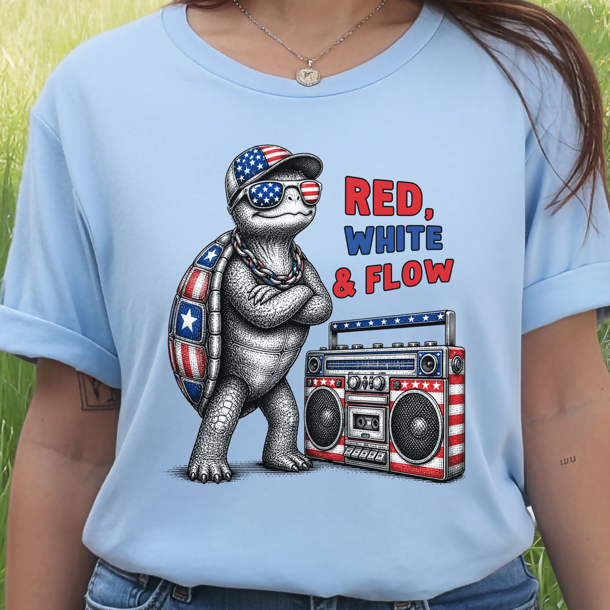 Patriot Turtle Red White & Flow Retro Hip Hop 4th of July T-Shirt