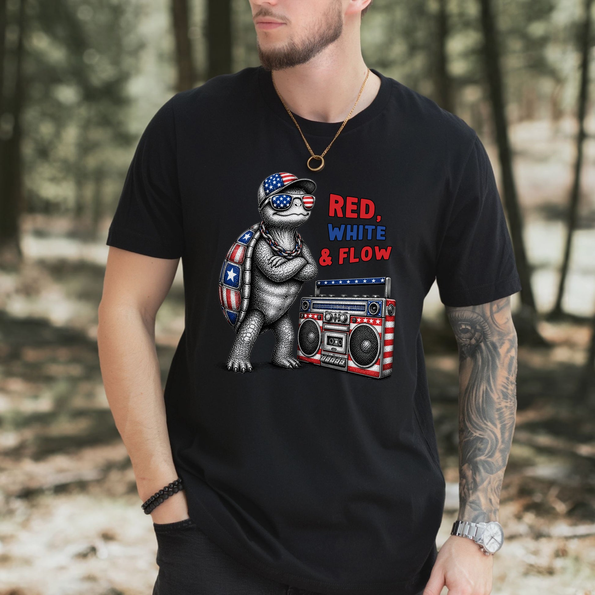 Patriot Turtle Red White & Flow Retro Hip Hop 4th of July T-Shirt