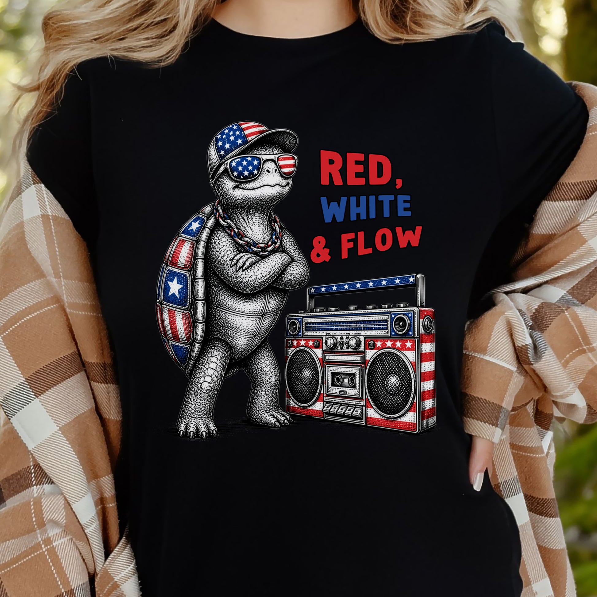 Patriot Turtle Red White & Flow Retro Hip Hop 4th of July T-Shirt