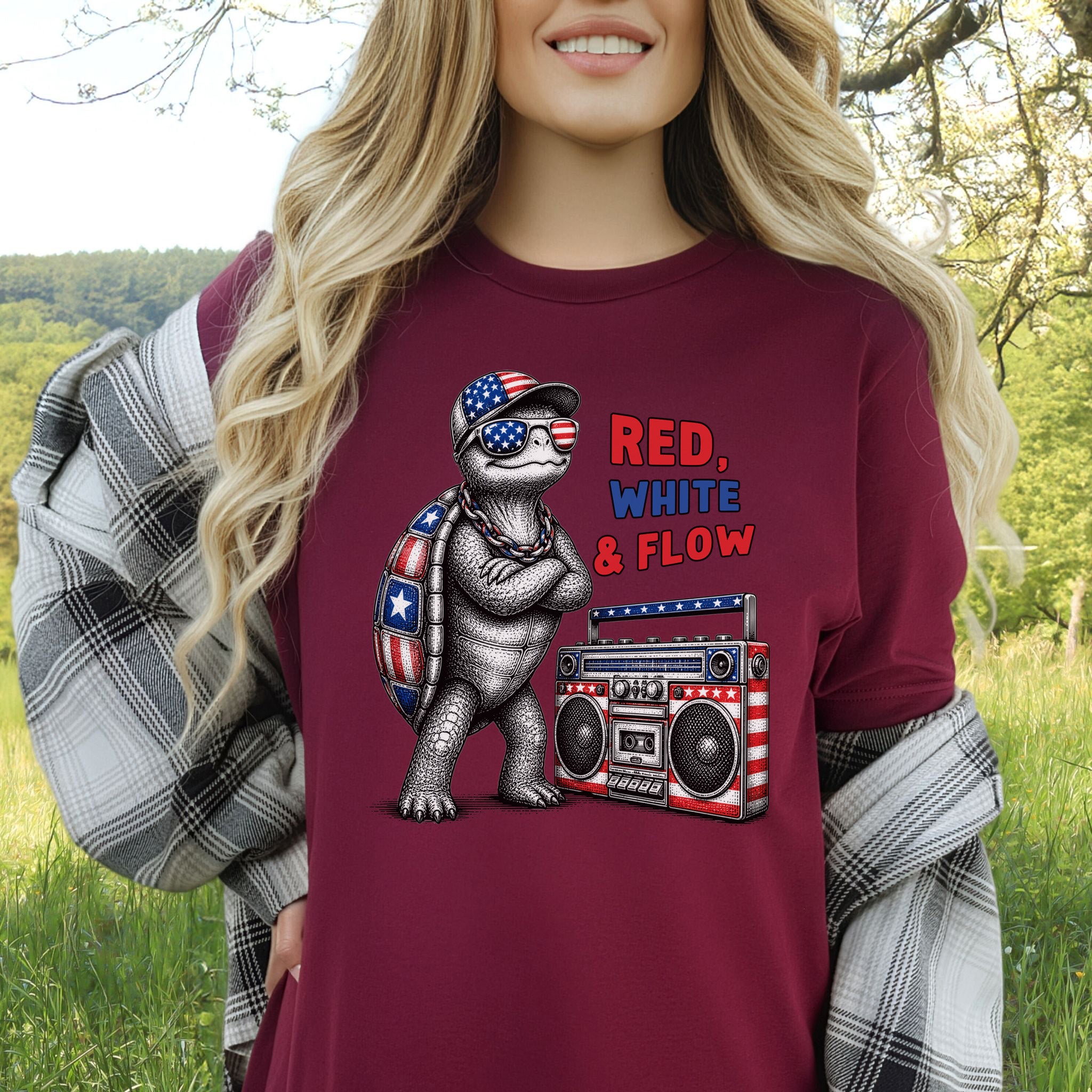 Patriot Turtle Red White & Flow Retro Hip Hop 4th of July T-Shirt