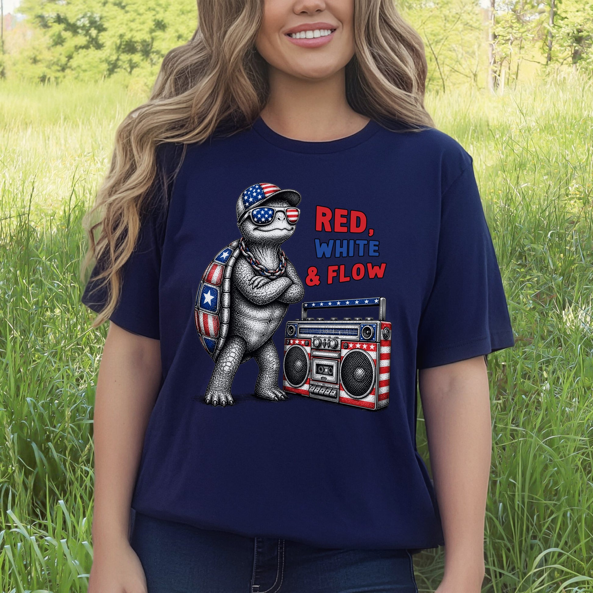Patriot Turtle Red White & Flow Retro Hip Hop 4th of July T-Shirt