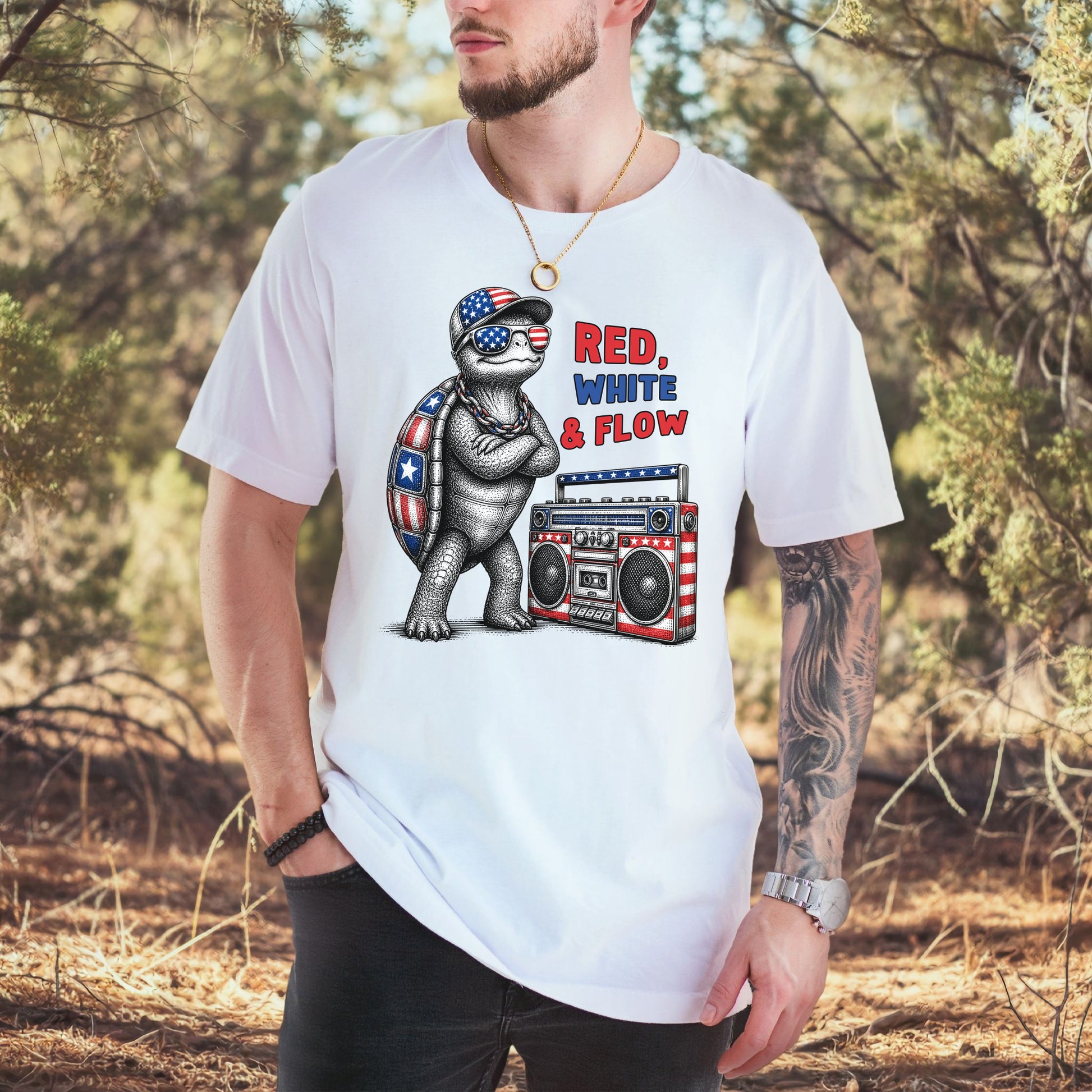 Patriot Turtle Red White & Flow Retro Hip Hop 4th of July T-Shirt