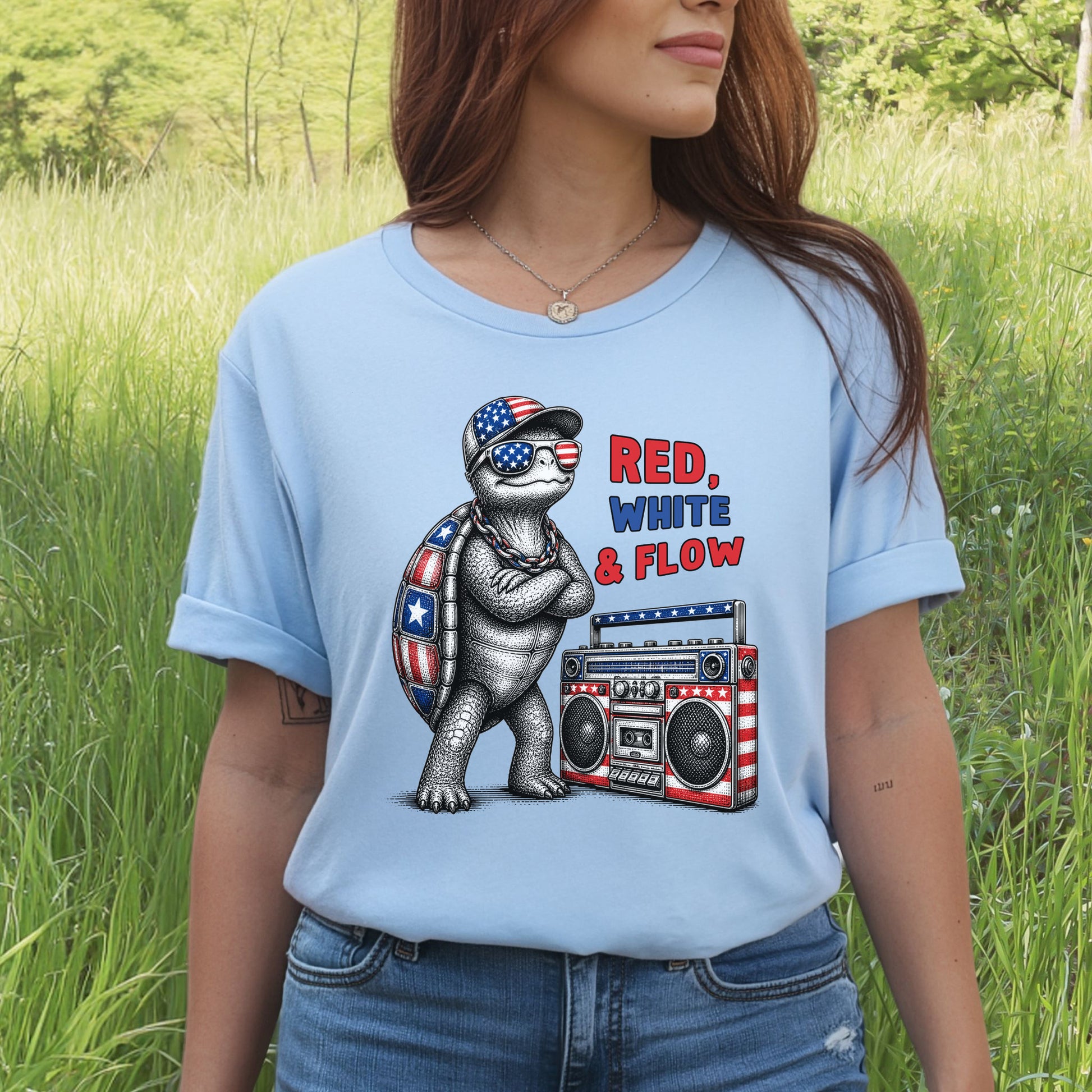 Patriot Turtle Red White & Flow Retro Hip Hop 4th of July T-Shirt