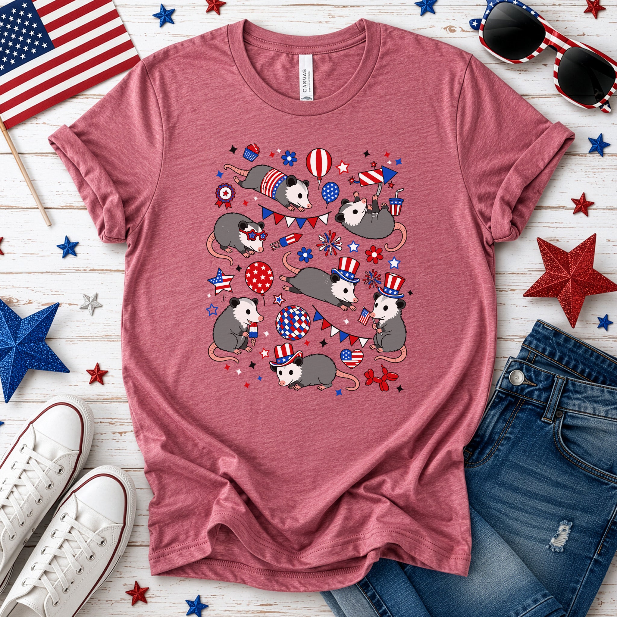 Patriotic Possum Party 4th of July Cute Opossum Graphic T-Shirt
