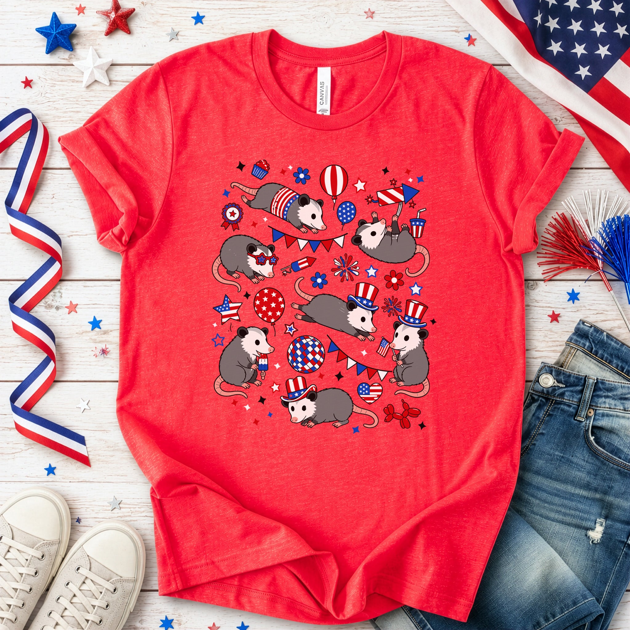 Patriotic Possum Party 4th of July Cute Opossum Graphic T-Shirt