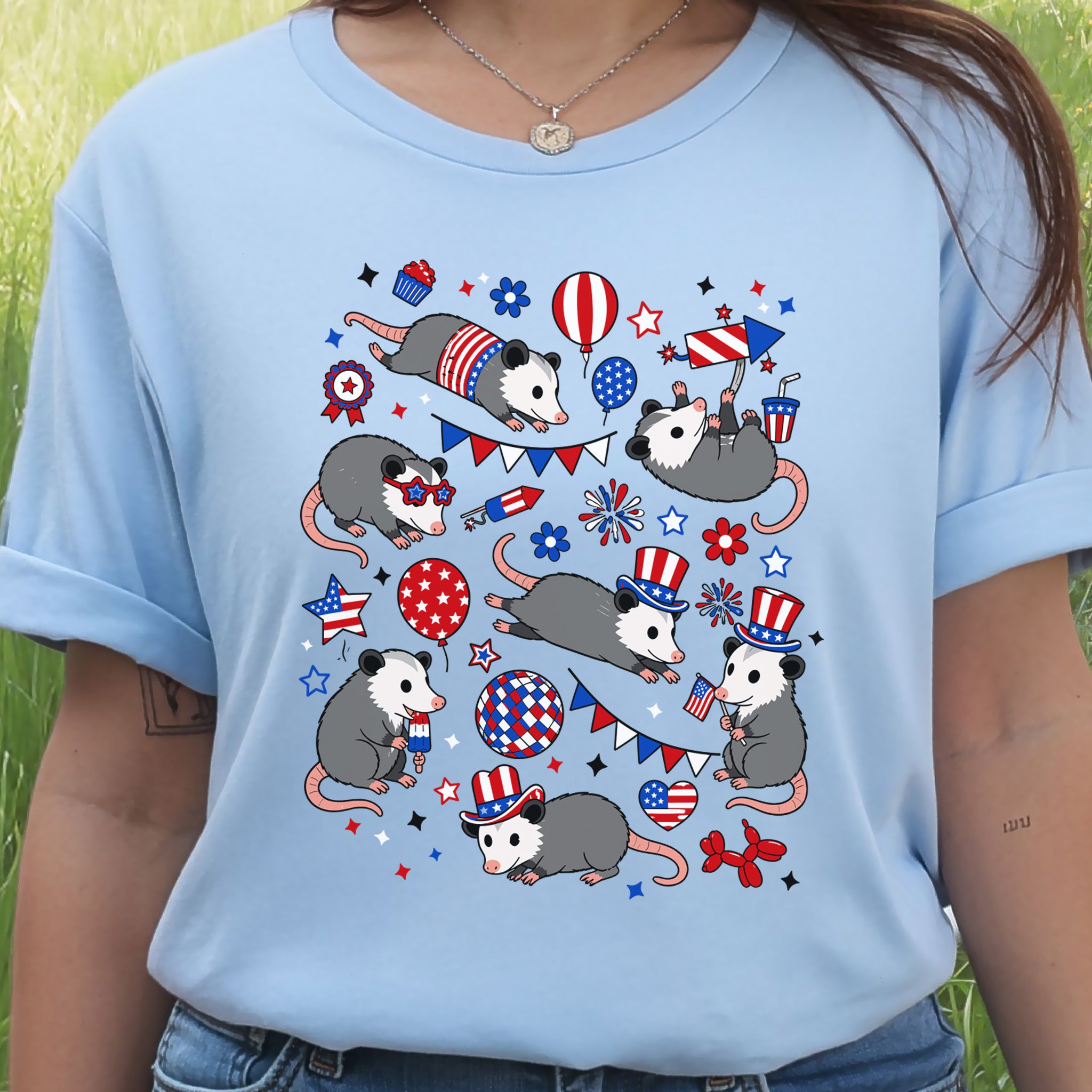Patriotic Possum Party 4th of July Cute Opossum Graphic T-Shirt