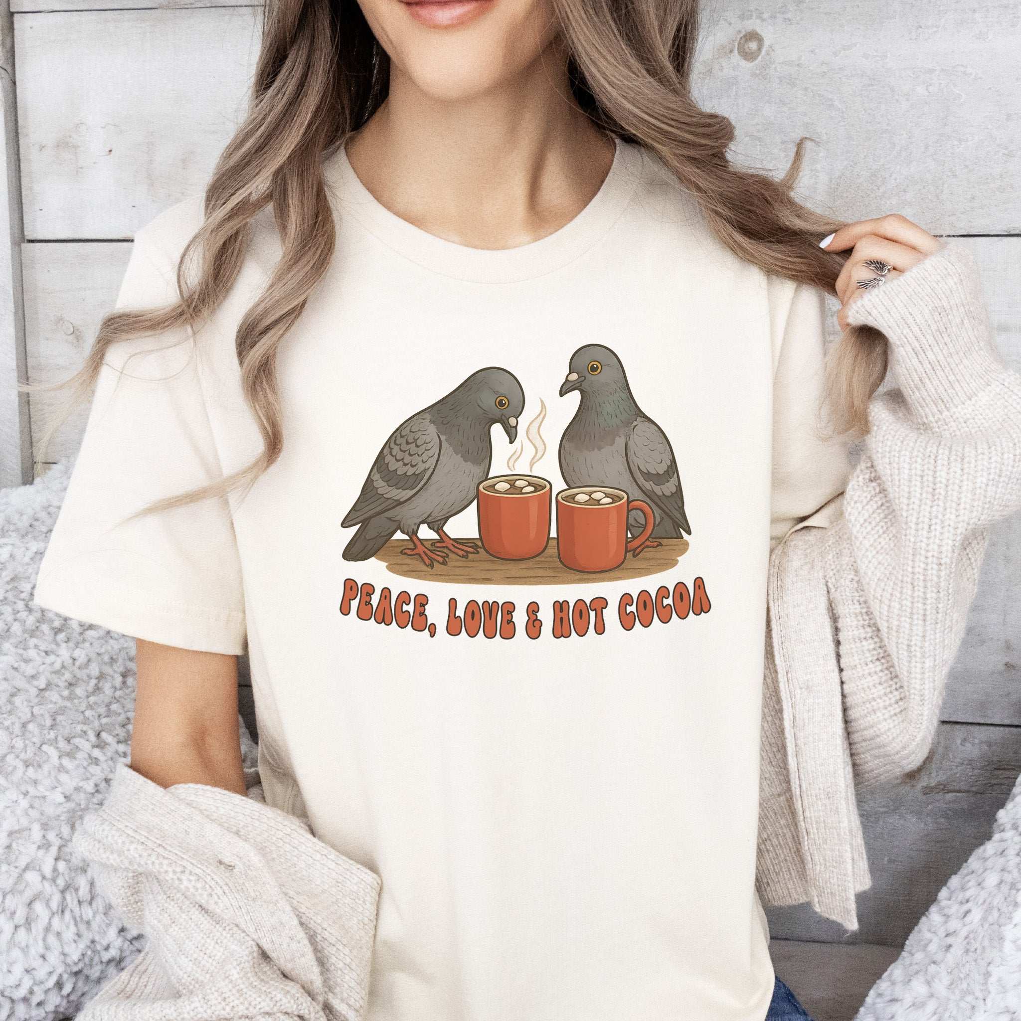 Peace, Love & Hot Cocoa T-Shirt – Cozy Pigeon Christmas Tee