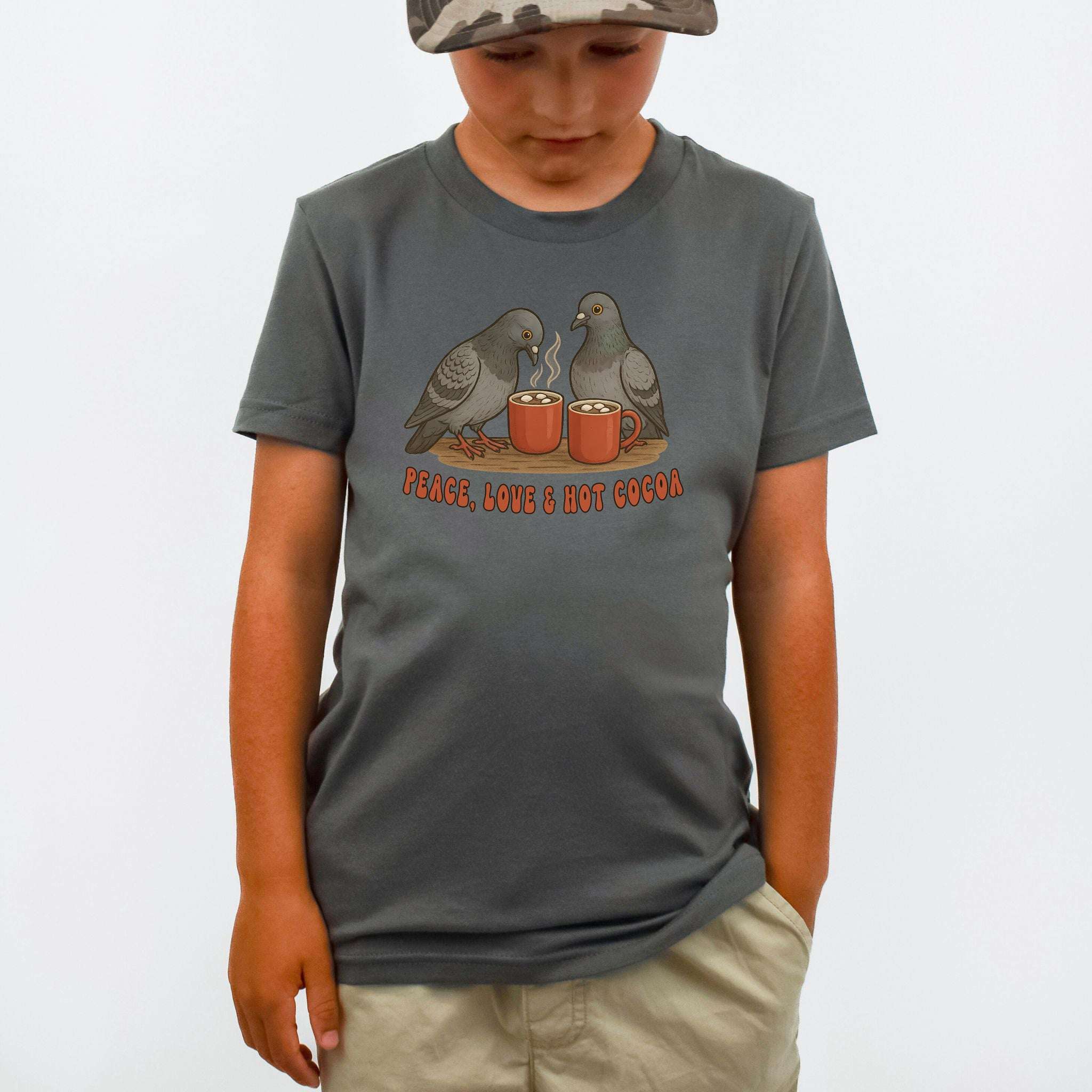 Peace, Love & Hot Cocoa Youth T-Shirt – Cozy Pigeon Holiday Vibes