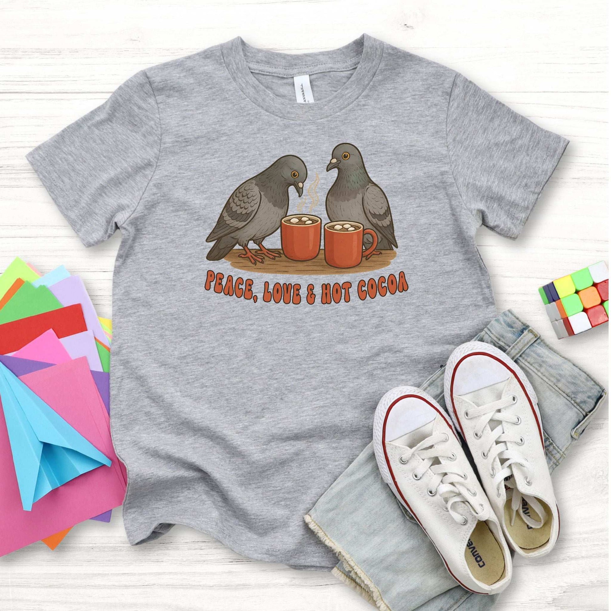 Peace, Love & Hot Cocoa Youth T-Shirt – Cozy Pigeon Holiday Vibes