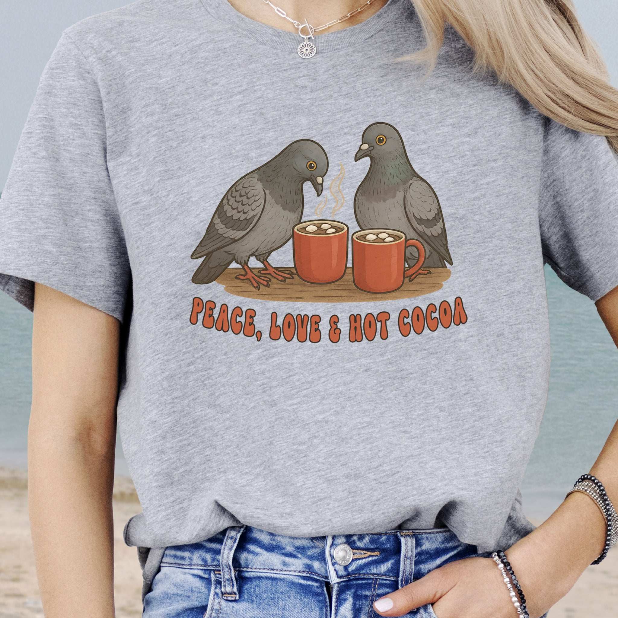 Peace, Love & Hot Cocoa T-Shirt – Cozy Pigeon Christmas Tee