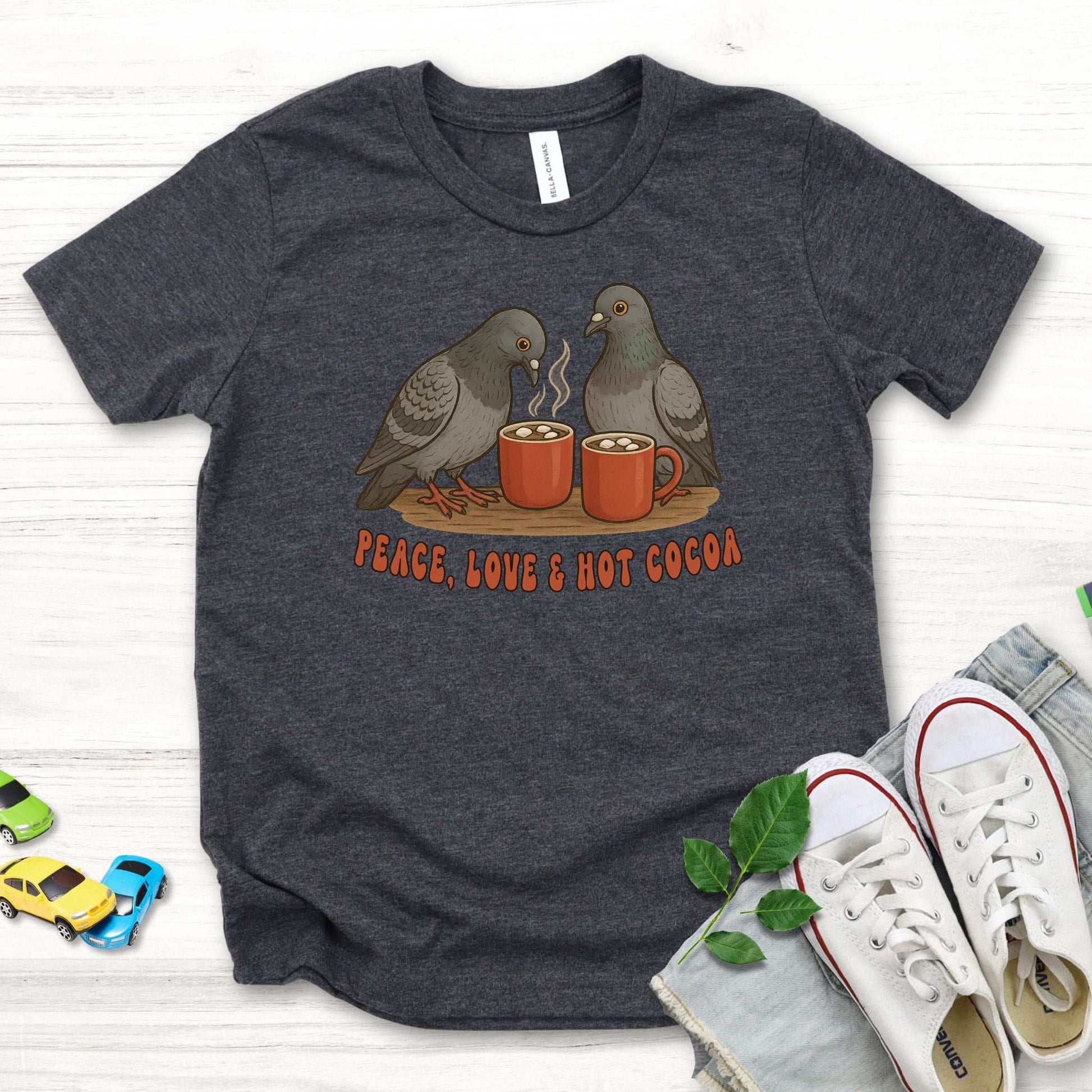 Peace, Love & Hot Cocoa Youth T-Shirt – Cozy Pigeon Holiday Vibes
